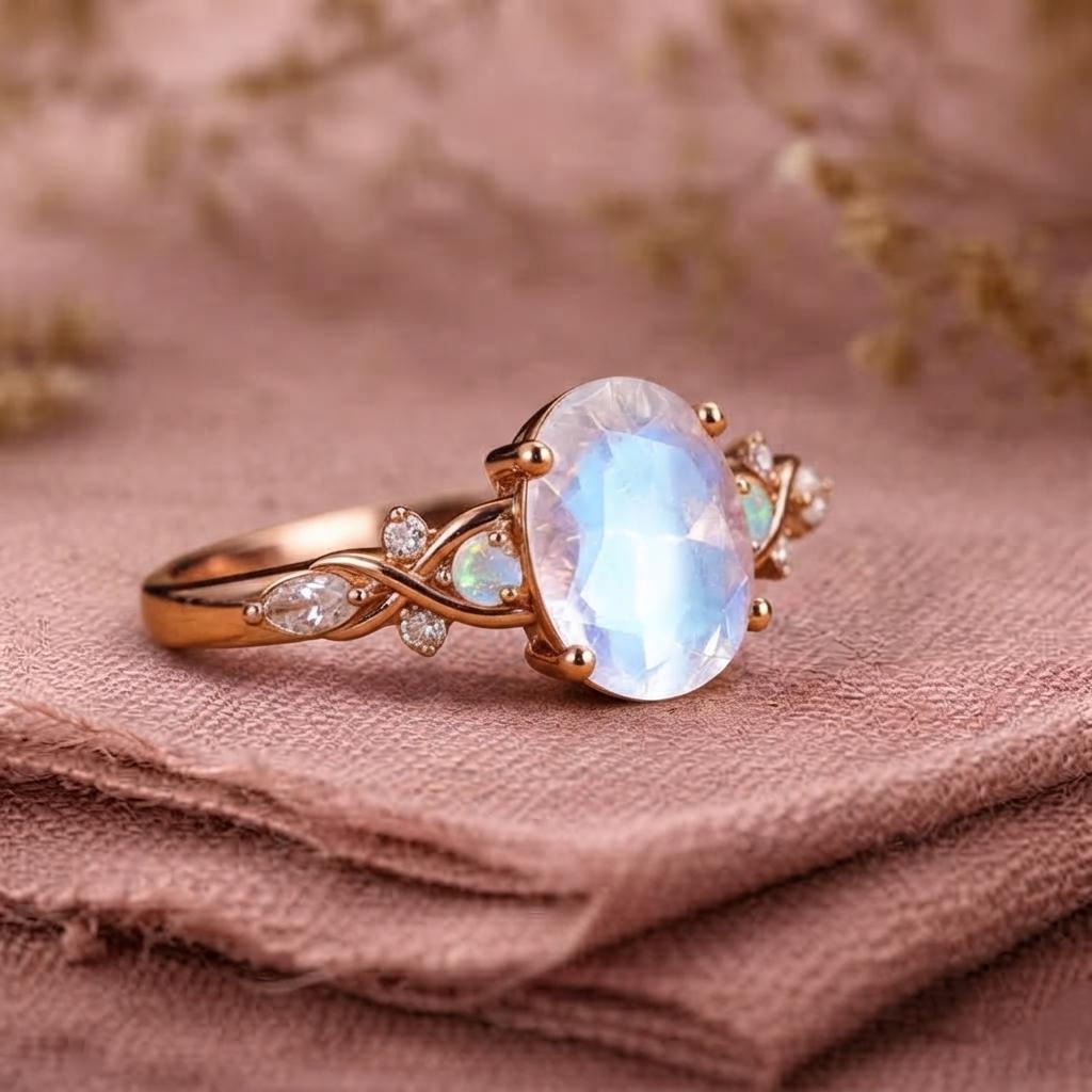 Vintage Oval Moonstone Ring 14K Solid Gold Moonstone Gemstone Engagement Ring Unique Opal Moissanite Promise Ring Anniversary Gift For Her