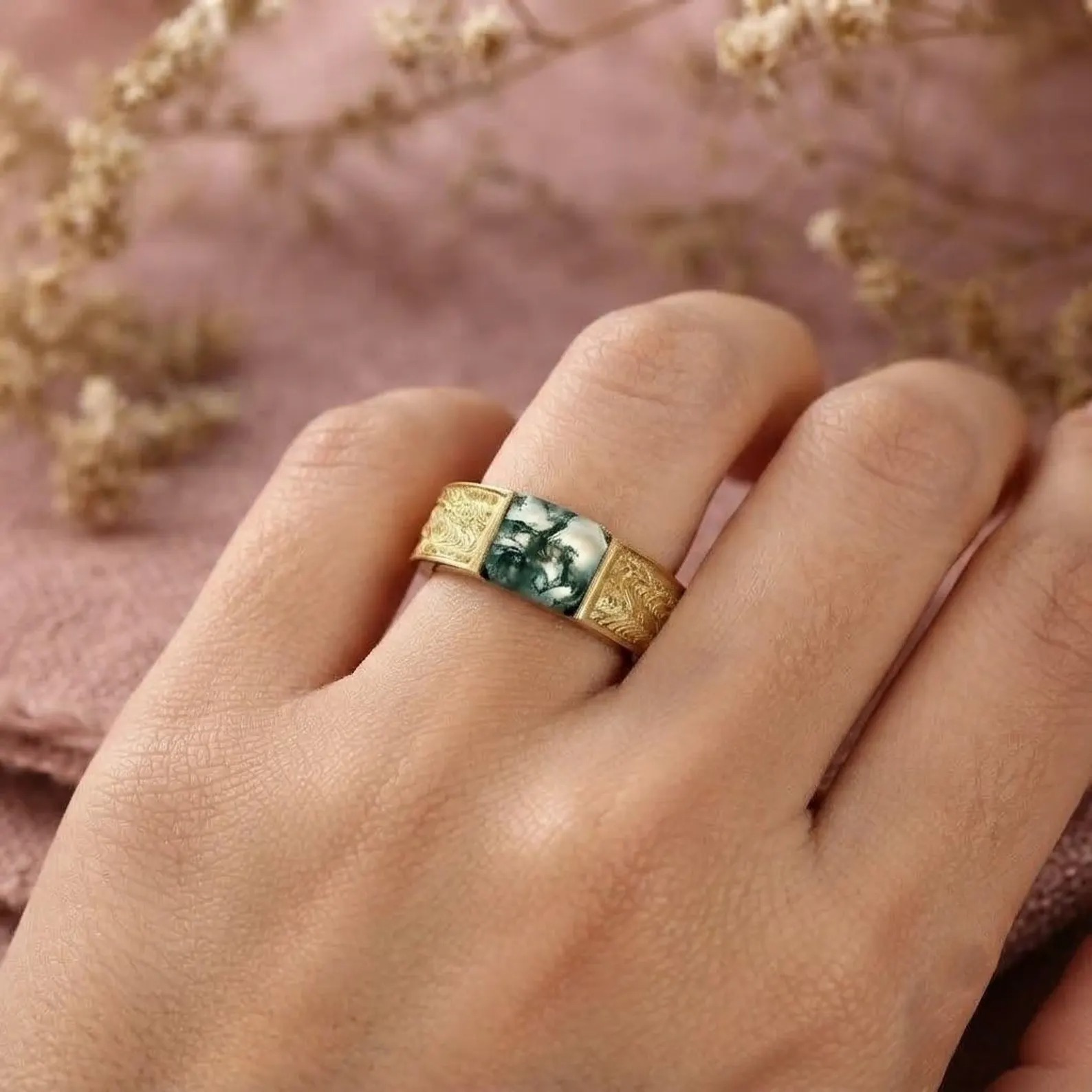 Natural Green Moss Agate Ring, Men's Ring, Men's agate Wedding Band, Baguette Cut Green Agate Band, Wedding Handmade Ring Personalized Gift