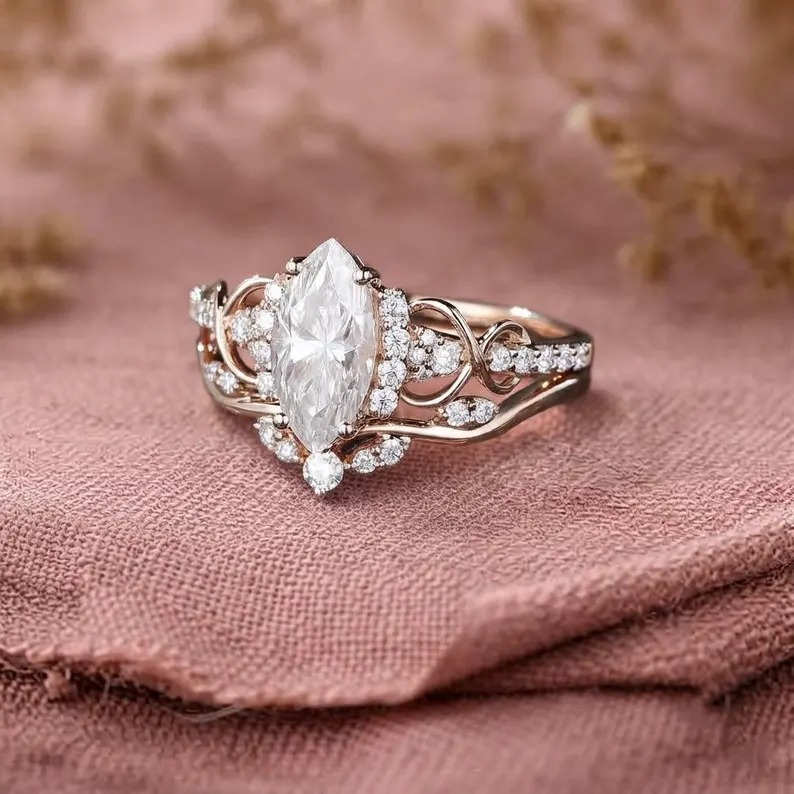 Marquise Cut Moissanite Engagement Ring Set Unique Rose Gold Bridal Ring Set Diamond Cluster Wedding Stacking Band Promise ring set