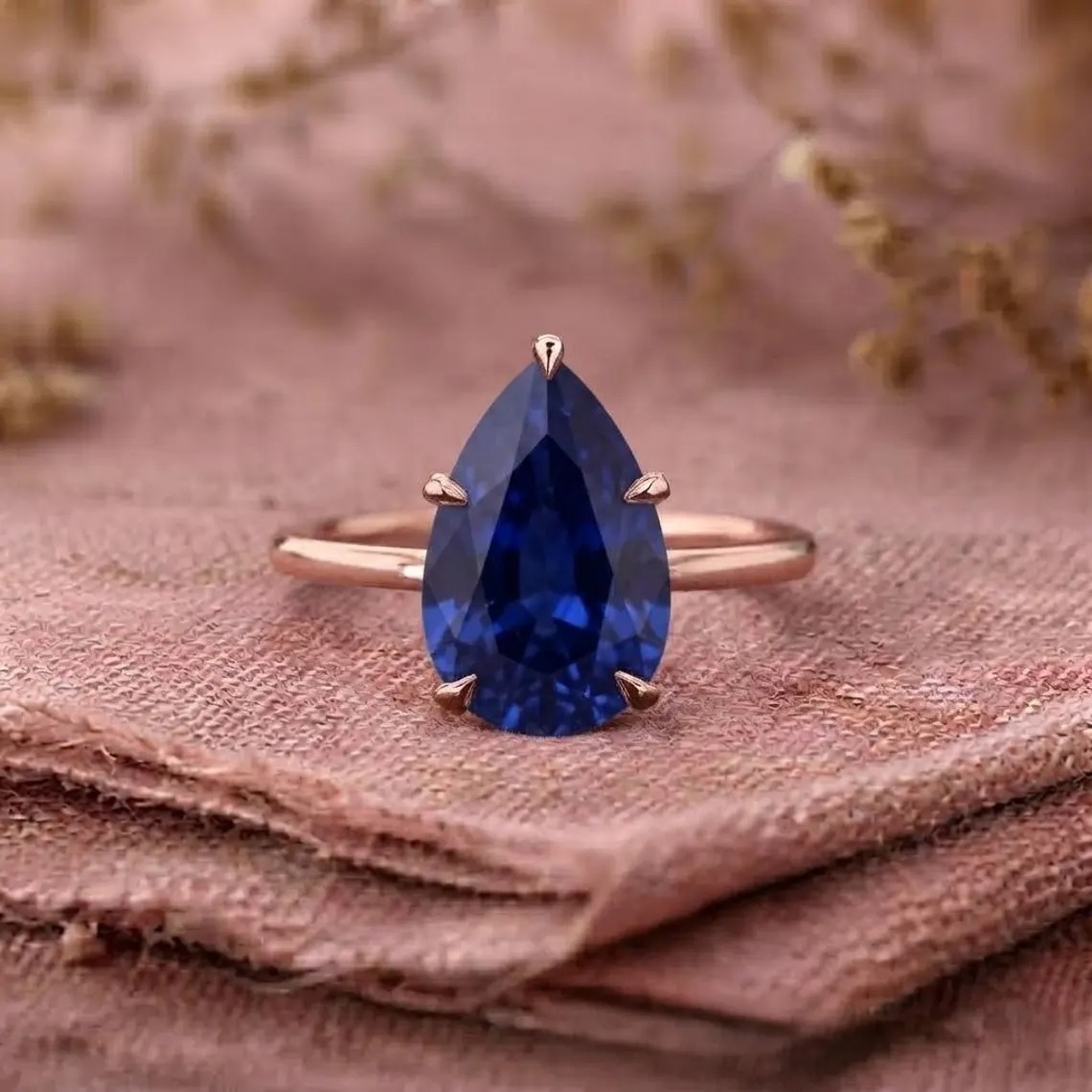Pear Shaped Sapphire Engagement Ring, September Birthstone Gift, 14K Gold Plated Promise Ring, Blue Gemstone Jewelry, Anniversary Gift Ring
