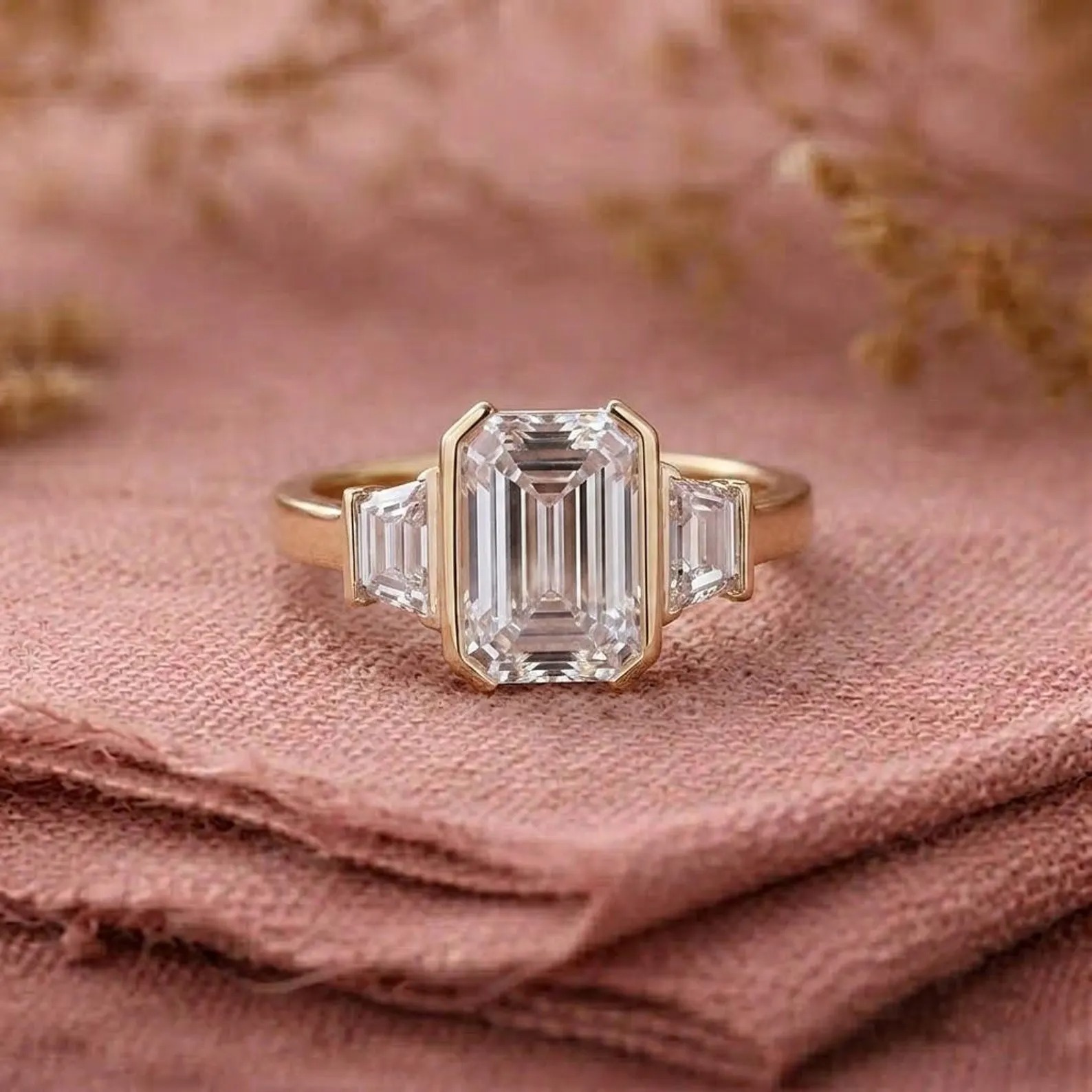 2 CT Emerald Cut Moissanite Engagement Ring, Three Stone Wedding Ring, Half Bezel Setting, Baguette Cut Side Tapper Ring, Anniversary Gift