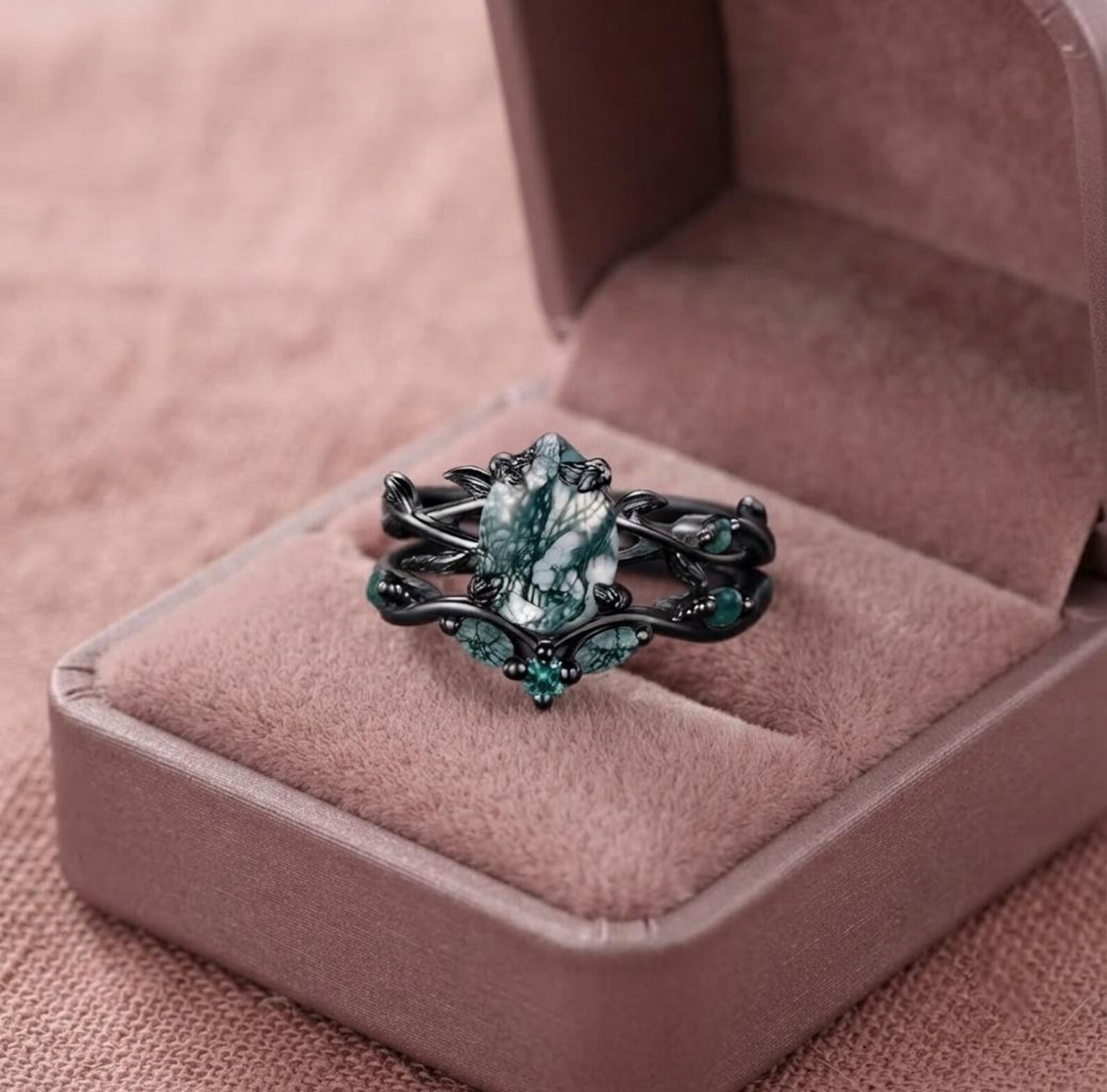 9K Black Gold Natural Green Moss Agate Engagement Ring Set, 1.25ct Twig Vine Pear Moss Agate Emerald Bridal Set, Goth Black Promise Ring Set