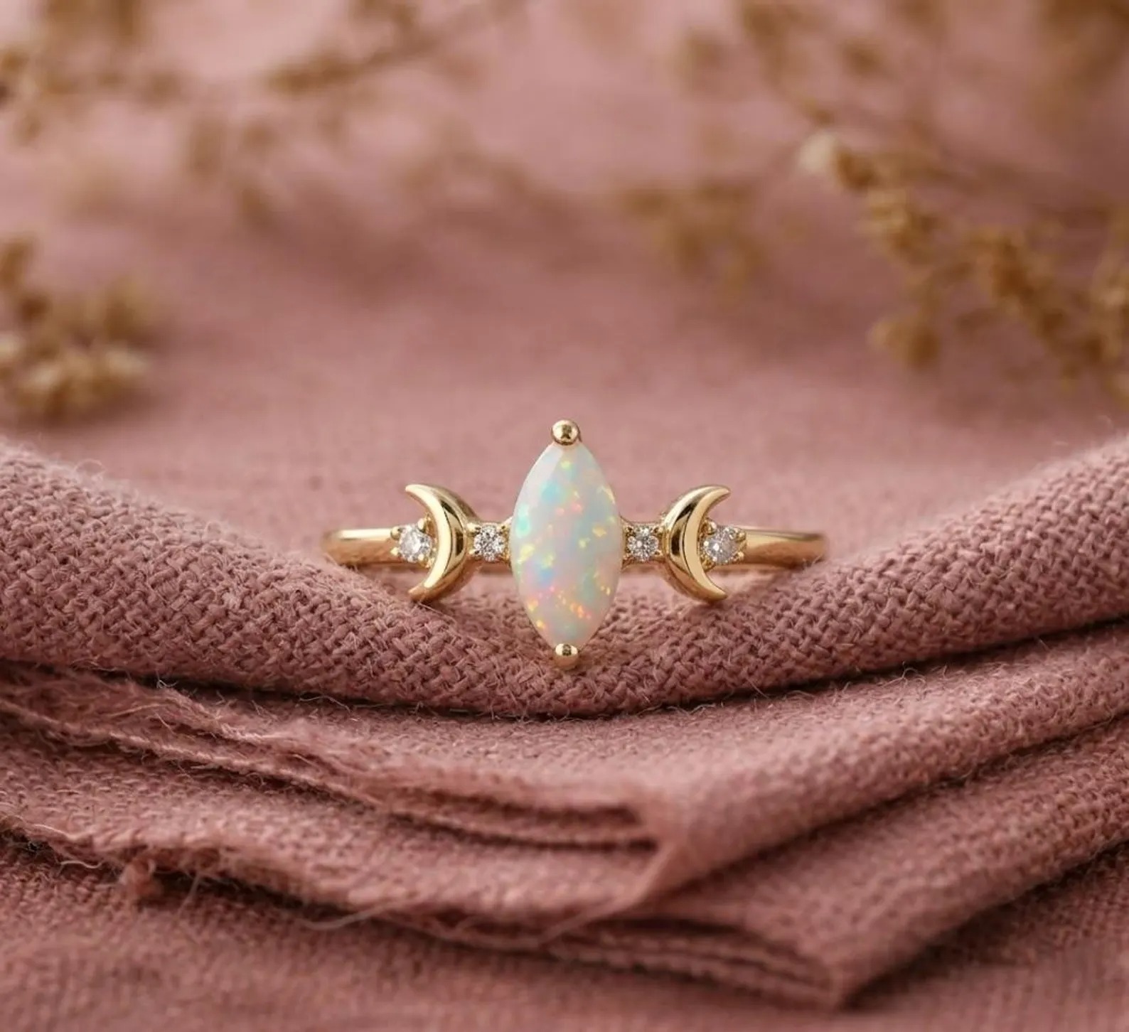 Marquise Opal Engagement Ring, 925 Sterling Silver Ring, October Birthstone Ring, Vintage Half Moon Unique Ring, Diamond Cluster Gift Ring