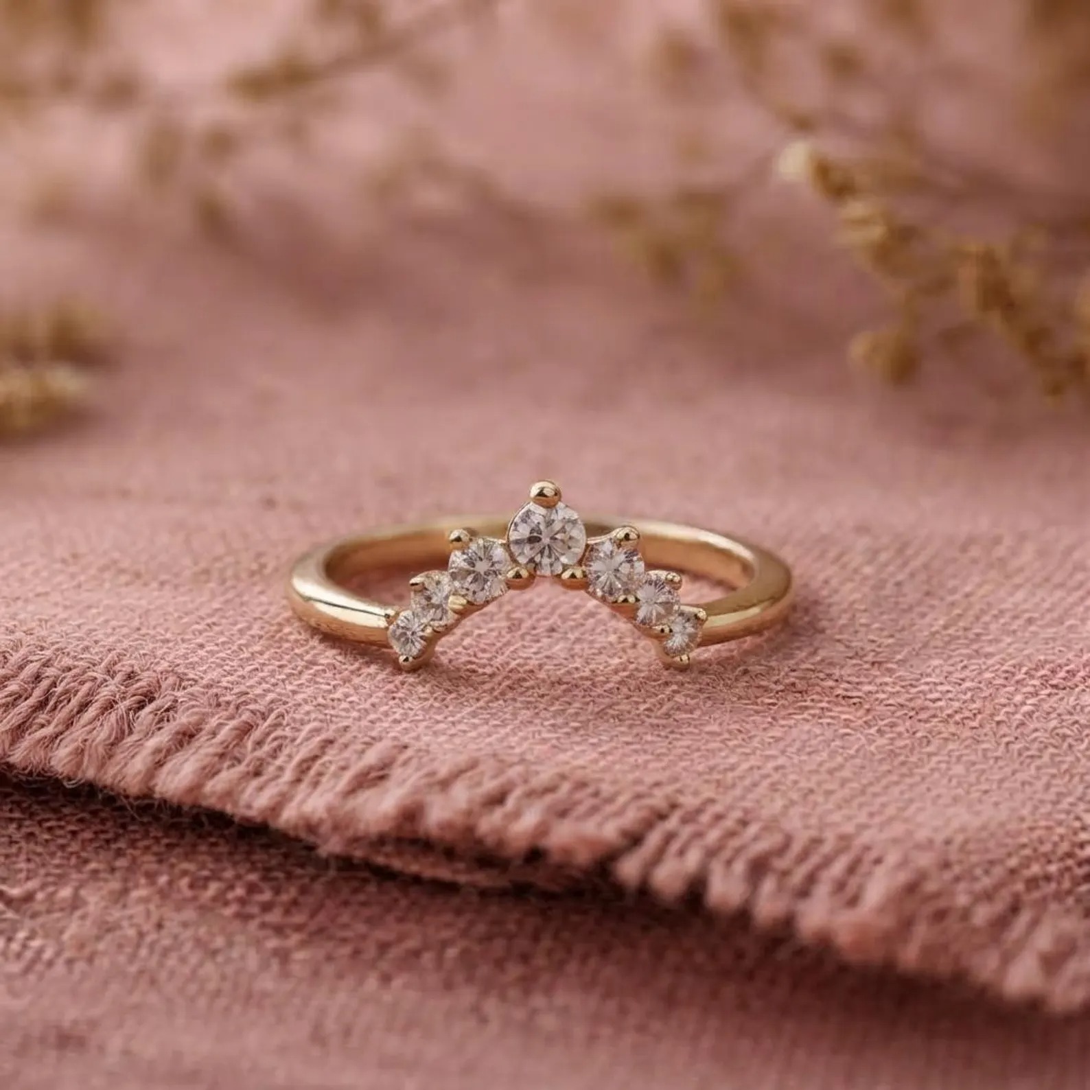 Round Cut Moissanite Curved Wedding Band, Yellow Gold Diamond Cluster Band, U Shape Stacking Matching Band, Bridal Promise Band Gift For Her