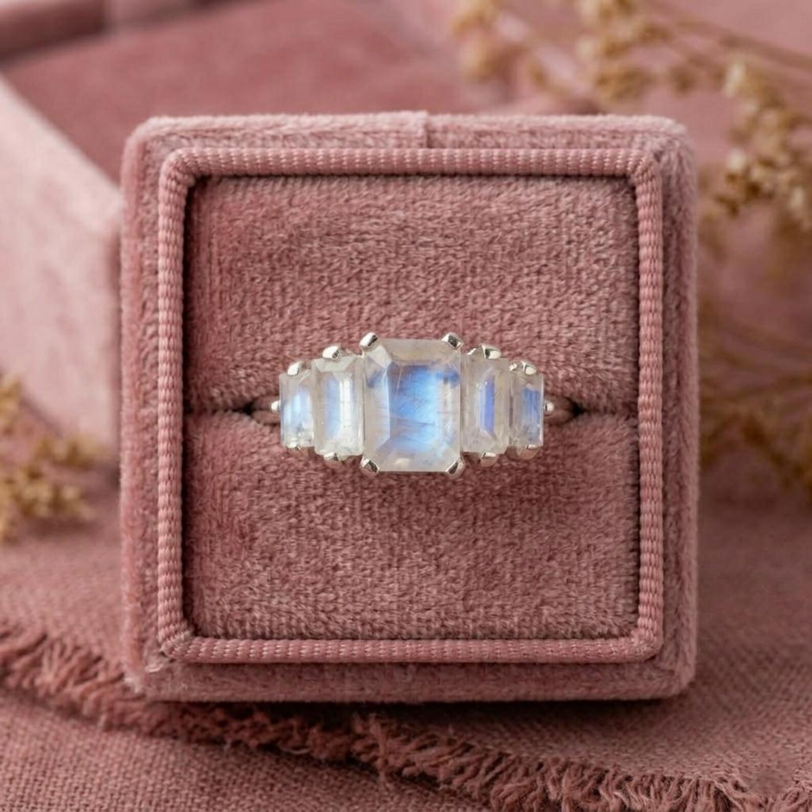 Natural Moonstone Ring, Emerald Cut Moonstone Ring, Christmas Gift, Engagement Ring, Statement Ring, Sterling Silver Ring, Bridal Jewelry