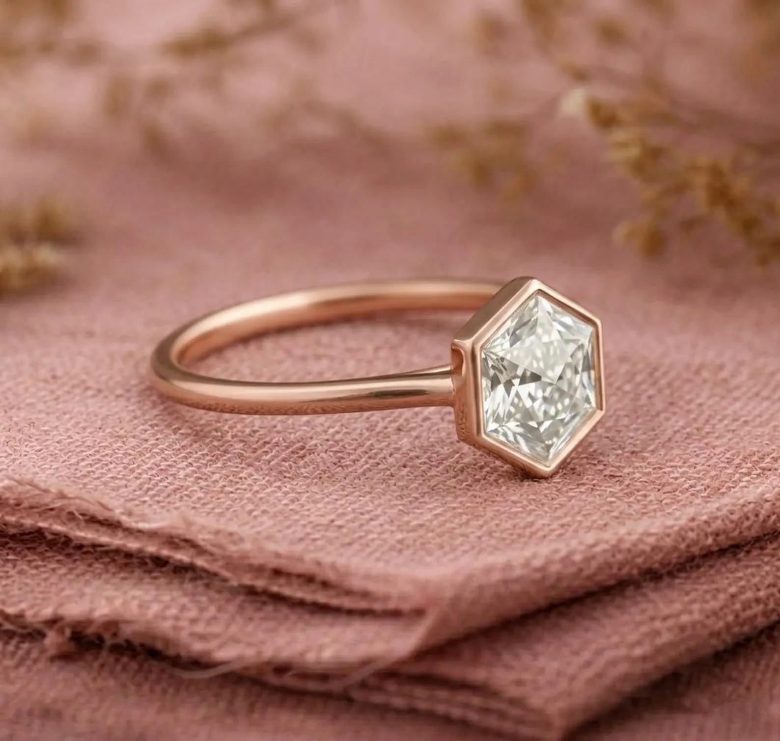 Hexagon Moissanite Engagement Ring, Rose Gold Bezel Set Ring, Geometric Solitaire Ring, Minimalist Promise Ring for Her, Bezel Set Ring