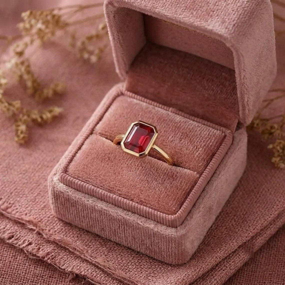 Emerald Cut Ruby Engagement Ring, 14K Solid Yellow Gold Ring, Bezel Set Statement Ring, Anniversary Gift For Her, Bridal Ring, Promise Ring