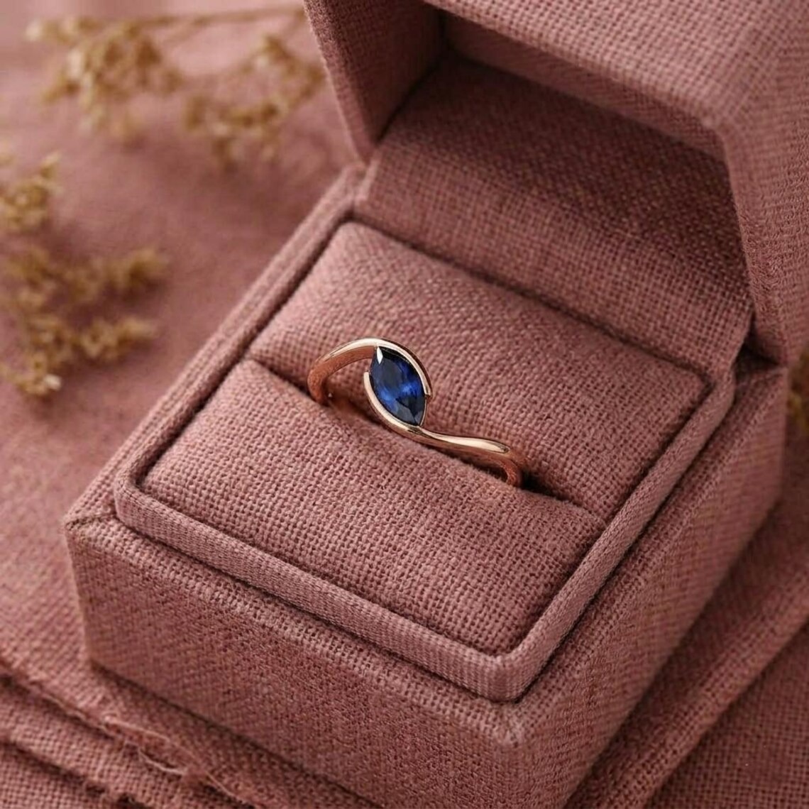 Marquise Cut Sapphire Wedding Ring, East-West Bypass Blue Gemstone Bridal Jewelry, Dainty 14k Solid Gold Engagement Ring, Christmas Gift