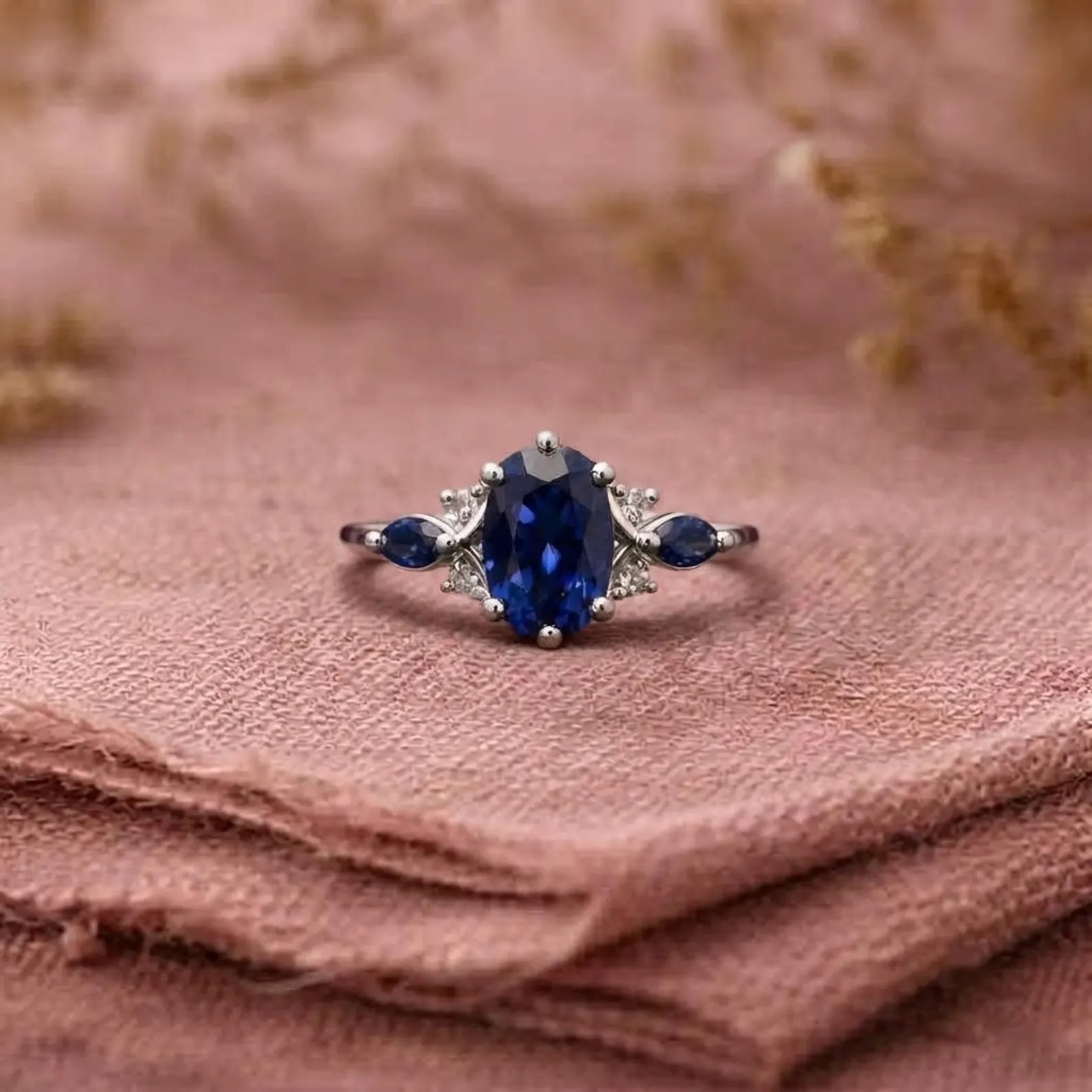 Oval Blue Sapphire Engagement Ring, Vintage Cluster Diamond Ring, Blue Sapphire Statement Ring, Unique Alternative Bridal Gift Ring For Wife