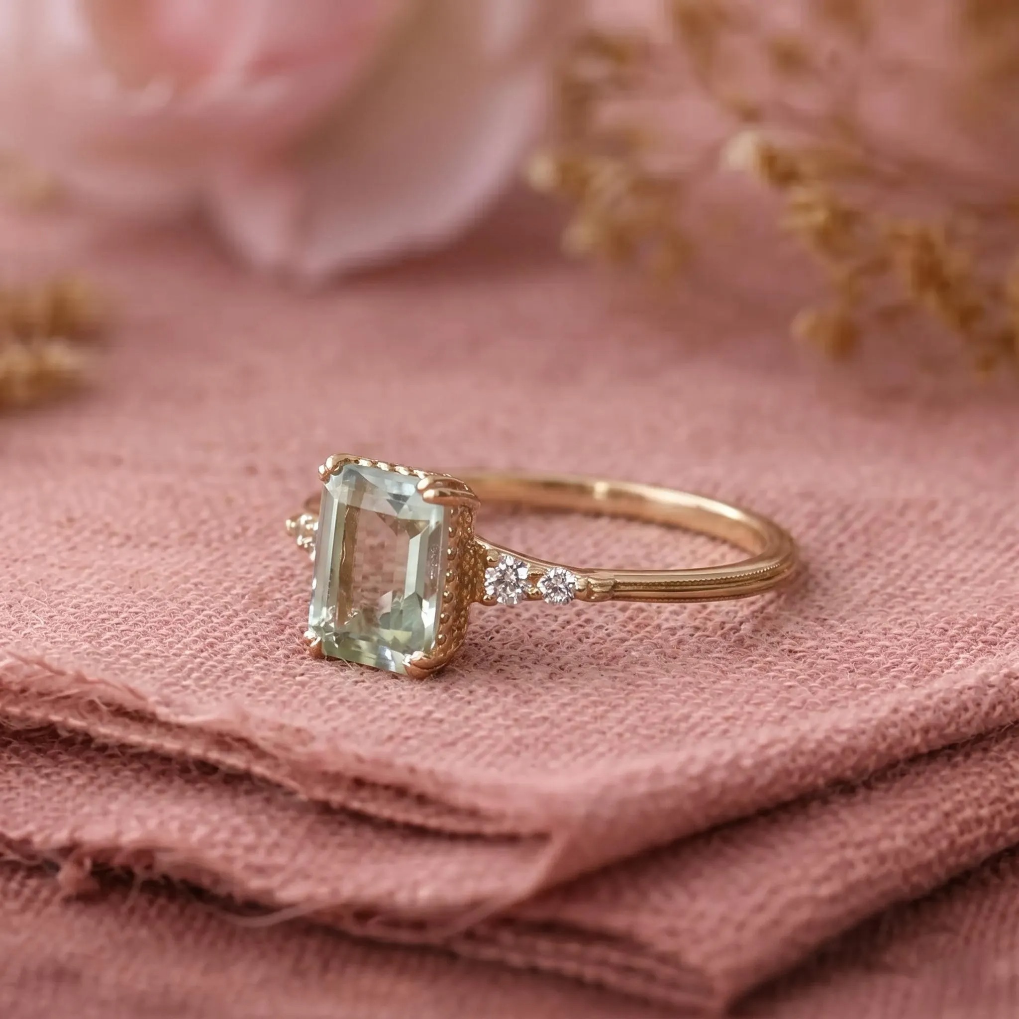 Unique Green Amethyst Ring 14k Yellow Gold Emerald Cut Amethyst Ring, February Birthstone Solitaire Ring, Delicate CZ Ring, Gift For Women