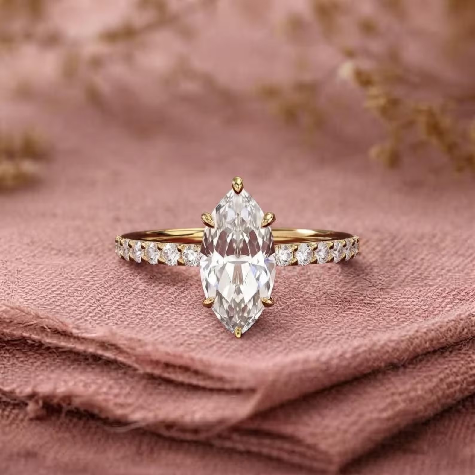 14k Gold Marquise Engagement Ring, Simulated Diamond Ring, Wedding Ring, Fake Engagement Ring, Travel Ring, Solitaire Diamond Ring