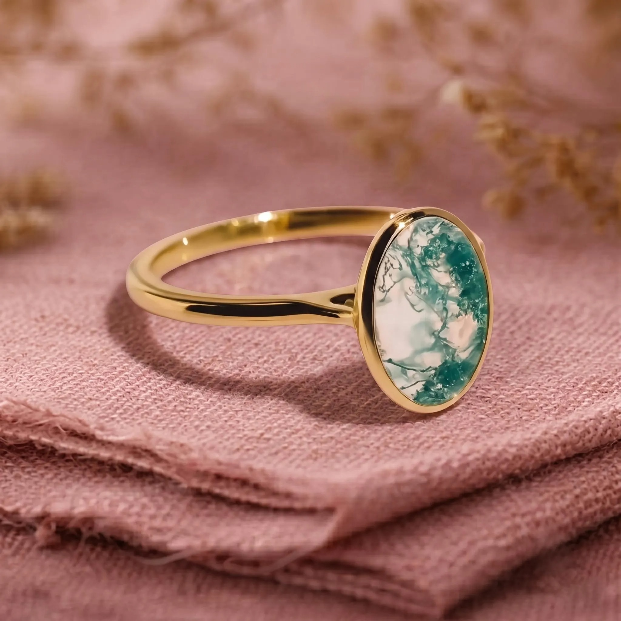 Vintage Oval Cut Green Moss Agate Engagement Ring, Unique Bezel Set Ring Solitaire Ring, Rose Gold Anniversary Ring, Promise Ring For Her