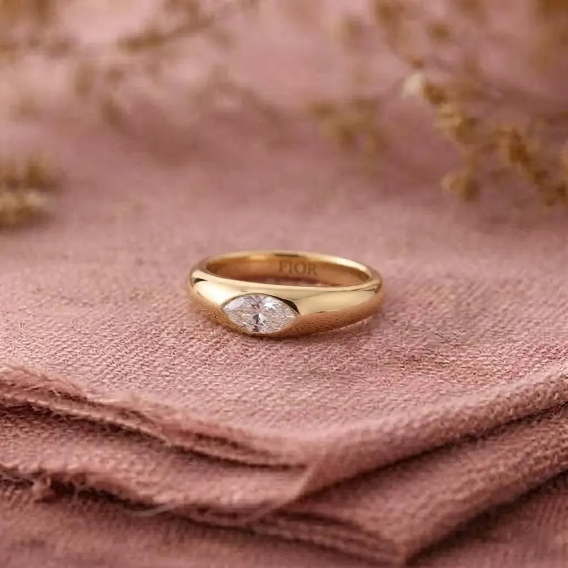14K Solid Gold Marquise Diamond Bezel Ring – Minimalist Pinky Dome Statement Piece Ring