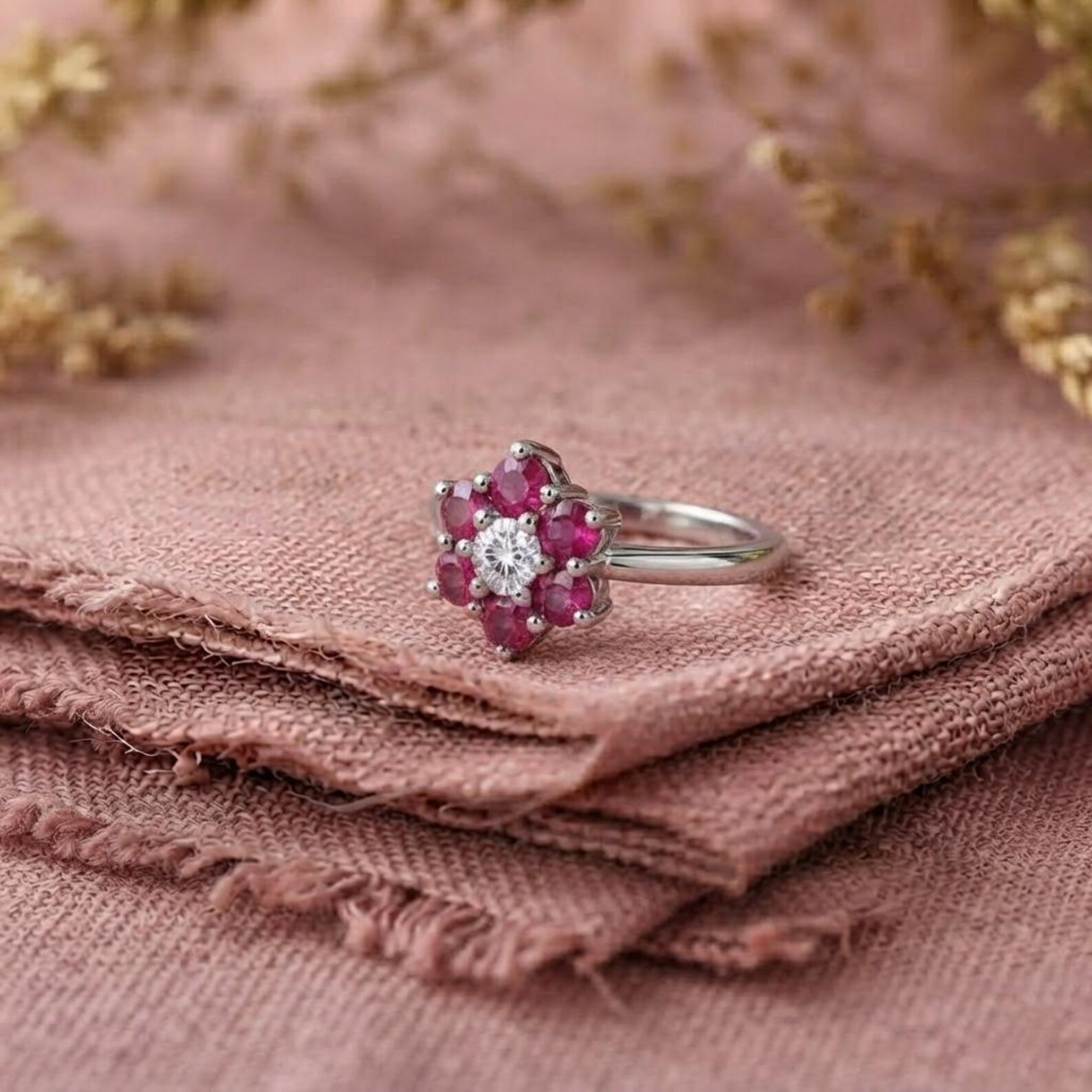 Pink Ruby Engagement Ring, Flower Diamond Cluster Ring, Silver Flower Ring Minimalist Ruby Flower Ring, Lotus Ring, Anniversary Gift For Her