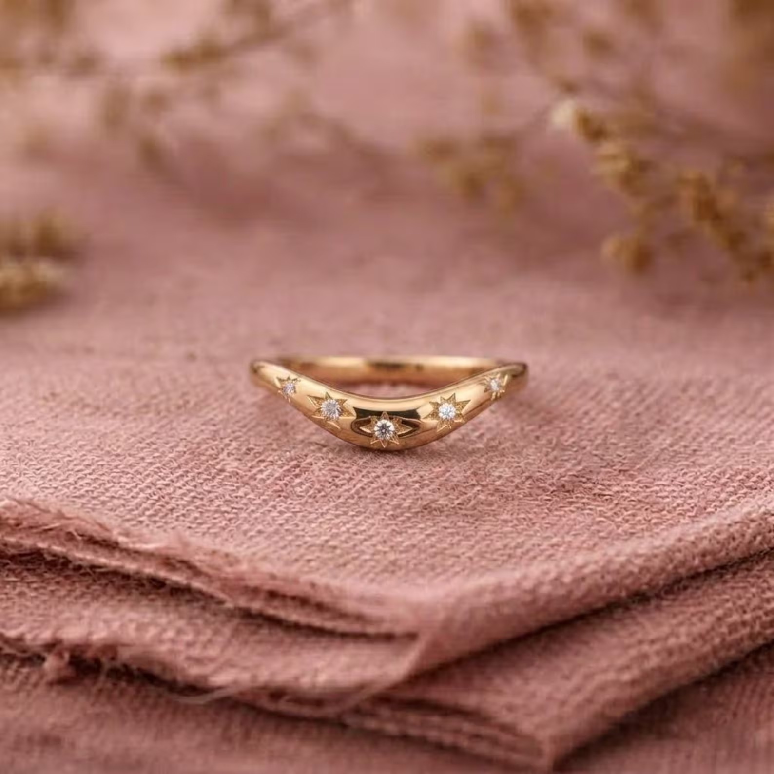14K Gold Celestial Curved Wedding Band, Moissanite Starburst Curved Band, Half Eternity Celestial Ring For Women, Curved Diamond Star Ring