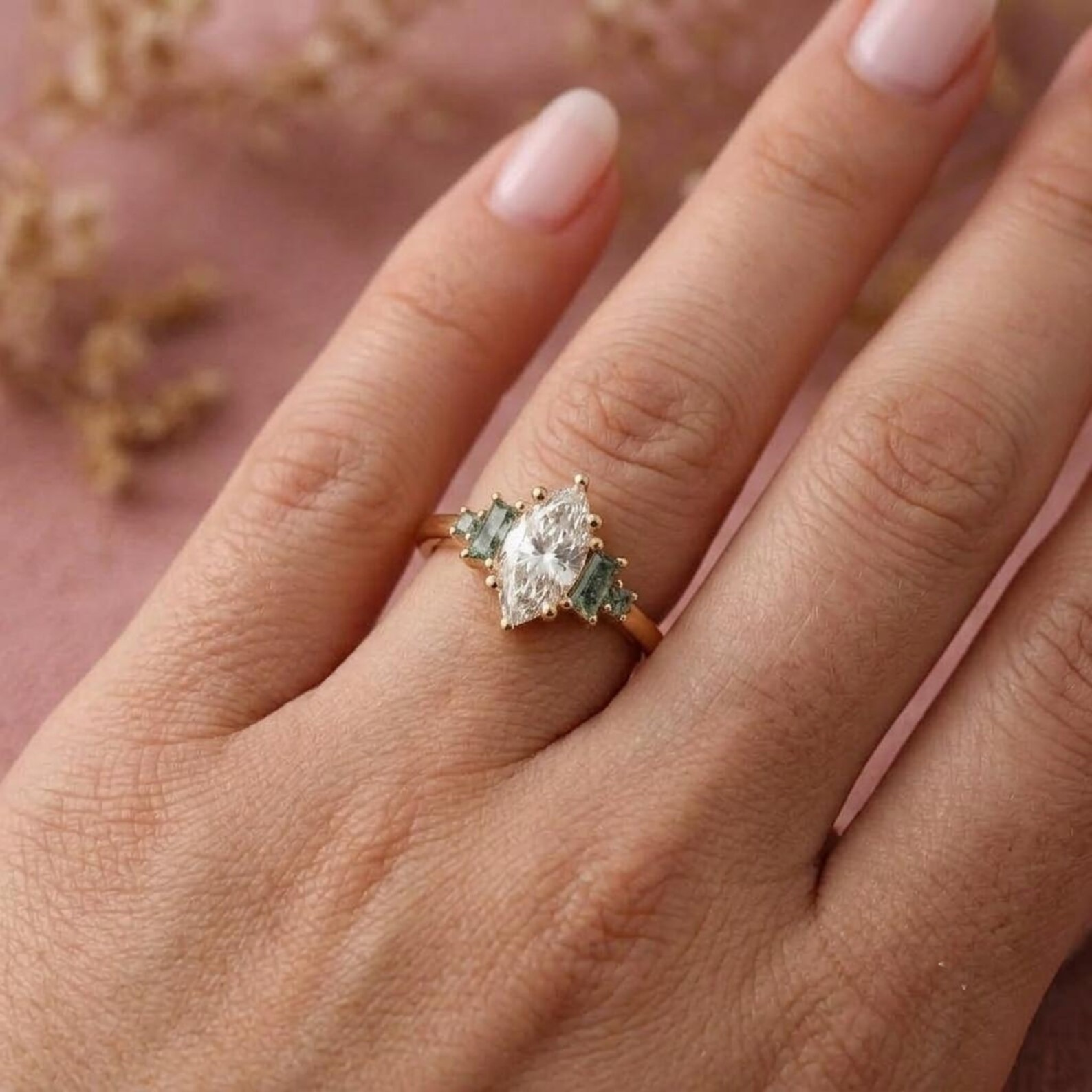 Marquise Moissanite Moss Agate Engagement Ring, Vintage Side Accent, Baguette Green Gemstone Ring, Unique Bridal Gold Jewelry, Gift for Her