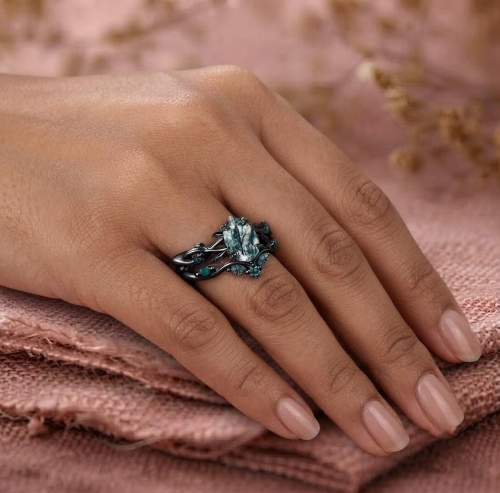 9K Black Gold Natural Green Moss Agate Engagement Ring Set, 1.25ct Twig Vine Pear Moss Agate Emerald Bridal Set, Goth Black Promise Ring Set