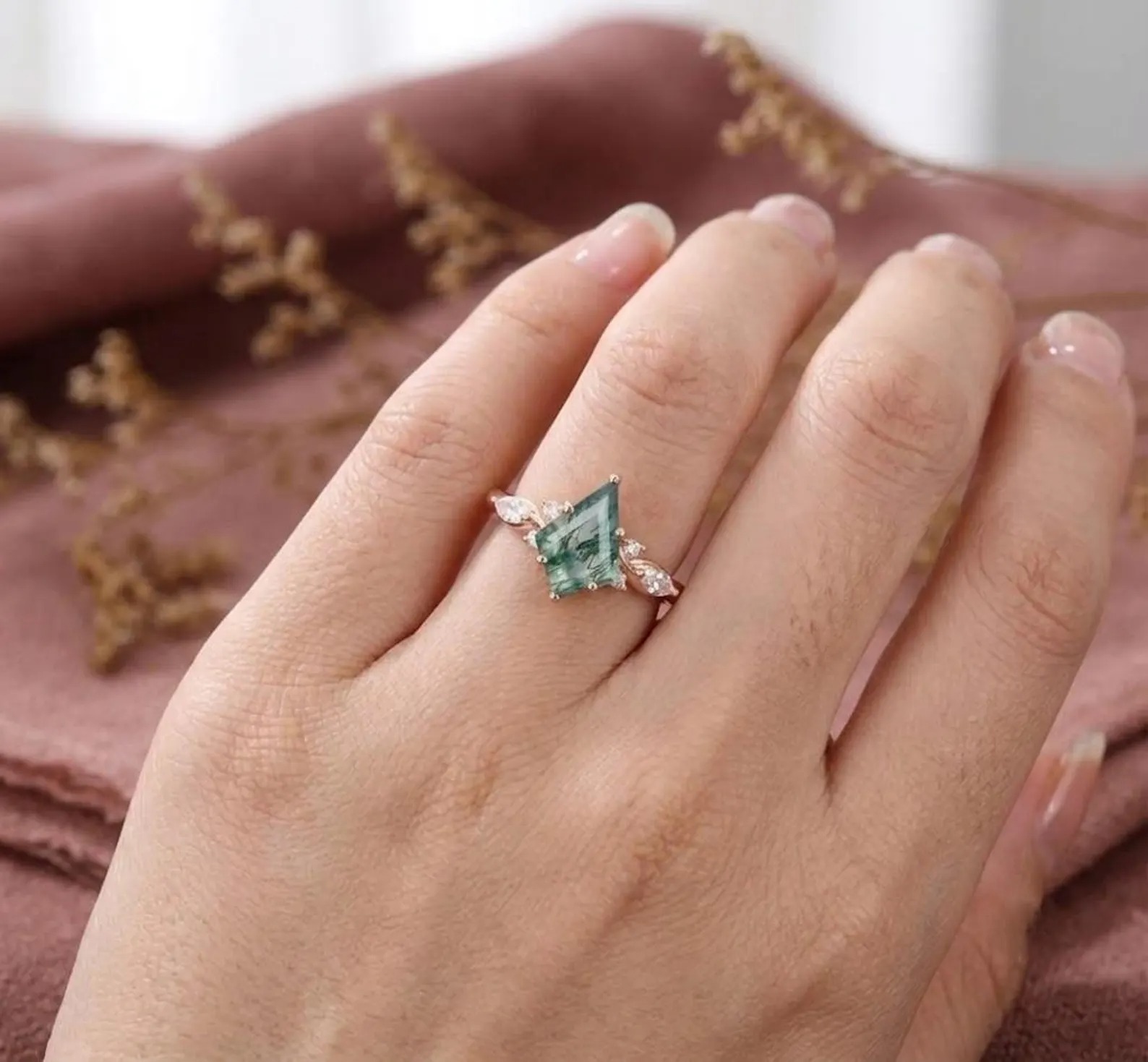 Vintage Moss Agate Engagement Ring, Kite Cut Moss Agate Ring, Leaf Diamond Cluster 925 Sterling Silver Nature Inspired Jewelry, Ring for Her