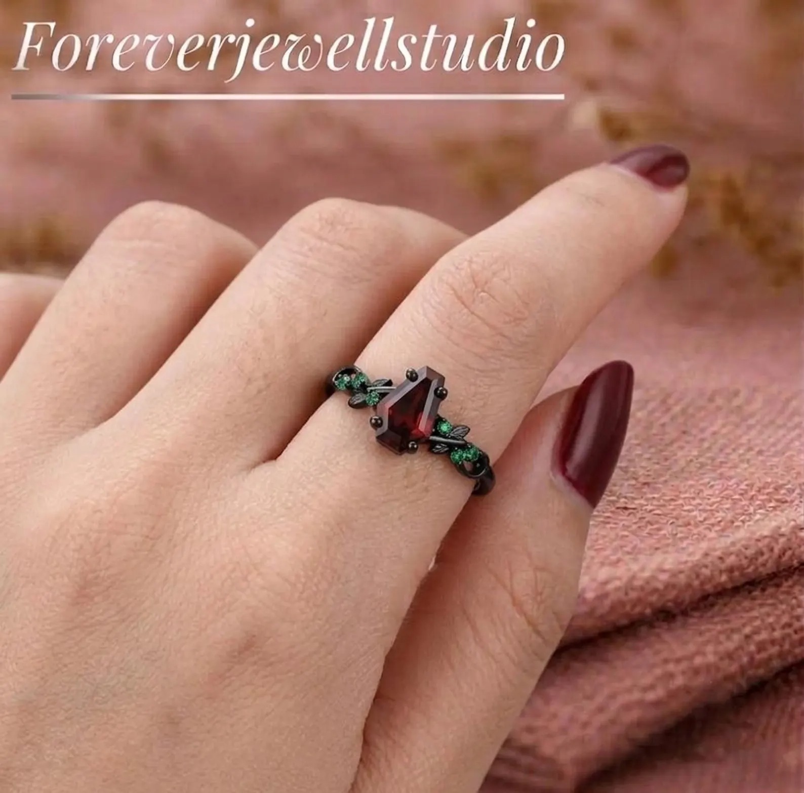Coffin Cut Red Garnet Ring, Black Gold Art Deco Leaf Engagement Ring, Nature Inspired Emerald Wedding Ring, Bridal Promise Ring, Garnet Ring