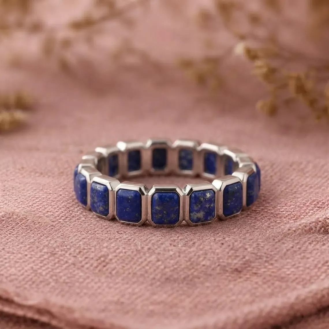 Lapis Lazuli Ring, Blue Gemstone Band, Sterling Silver Eternity Ring, Asscher Cut Natural Wedding Band, Stackable Ring, Boho Jewelry Gift