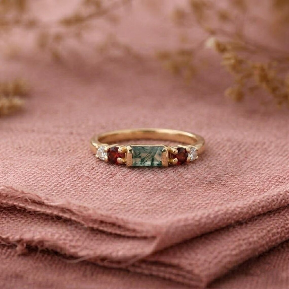 Moss Agate Engagement Ring, Gold Garnet & Moissanite Ring, Baguette Moss Agate Promise Ring, Nature Inspired Bridal Ring, Gift For Her