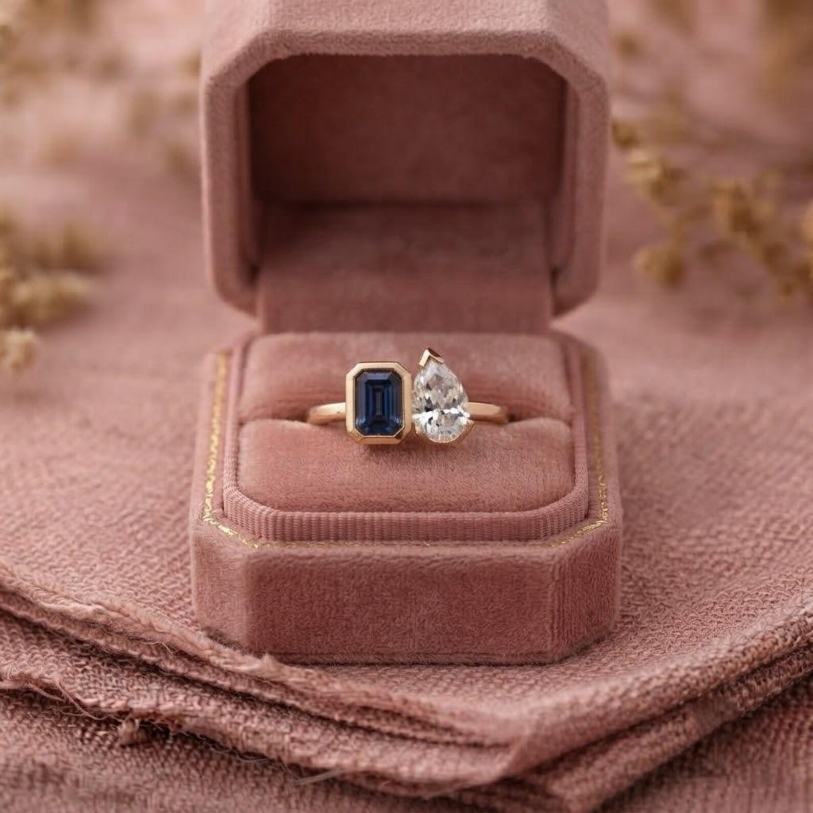Emerald Cut Sapphire and Pear Moissanite Toi Et Moi Ring, 925 Silver Ring, Vintage Two Stone Bridal Ring, Bezel Set Solitaire Sapphire Ring