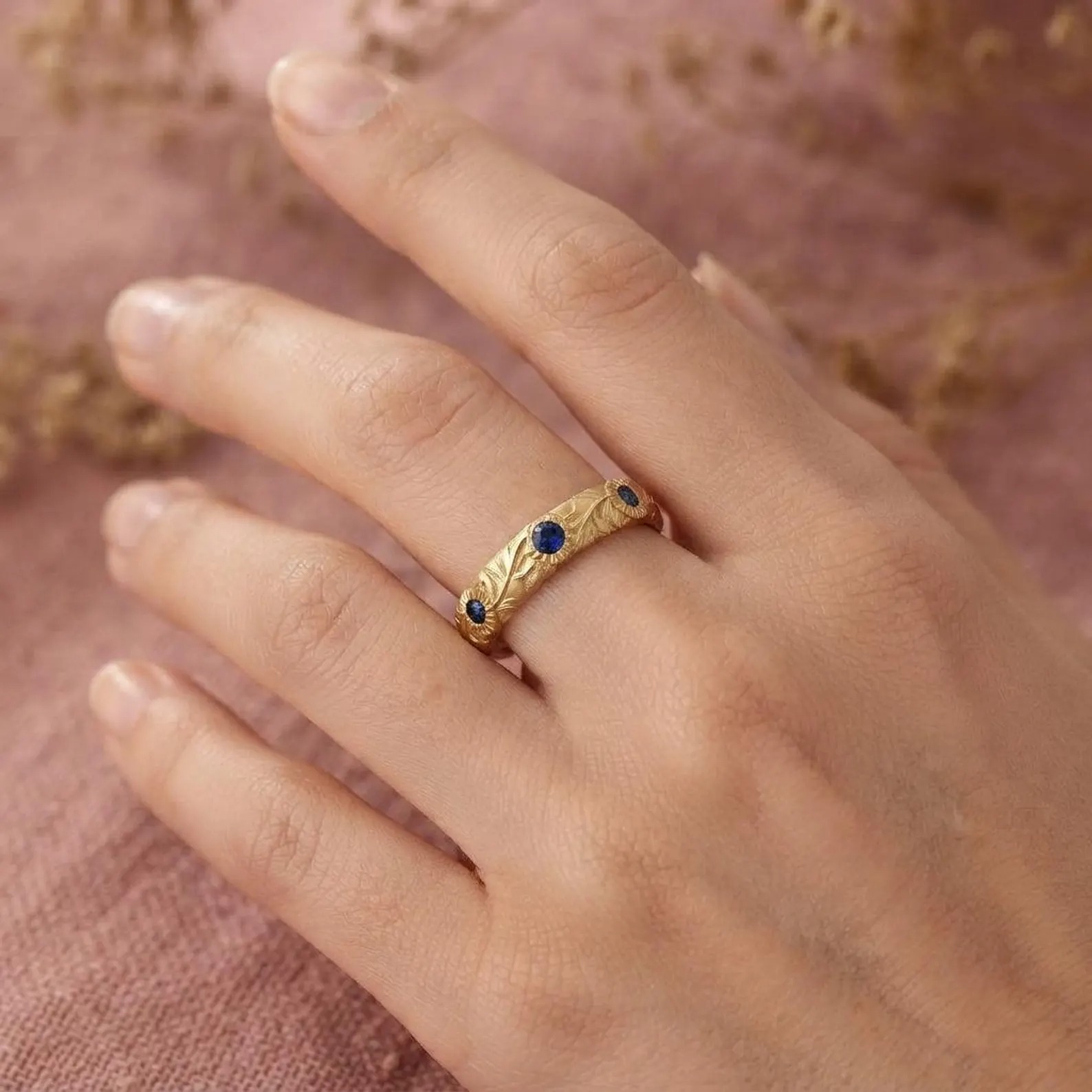 Blue Sapphire Wedding Band, Engraved Gold Band, Nature Inspired Stacking Ring, Leaf Vine Ring, September Birthstone Jewelry, Gift For Women