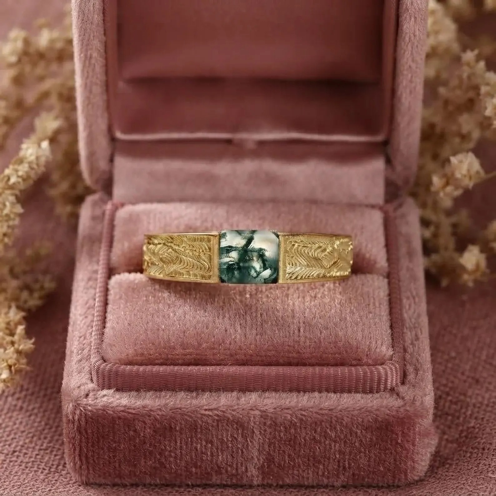 Natural Green Moss Agate Ring, Men's Ring, Men's agate Wedding Band, Baguette Cut Green Agate Band, Wedding Handmade Ring Personalized Gift
