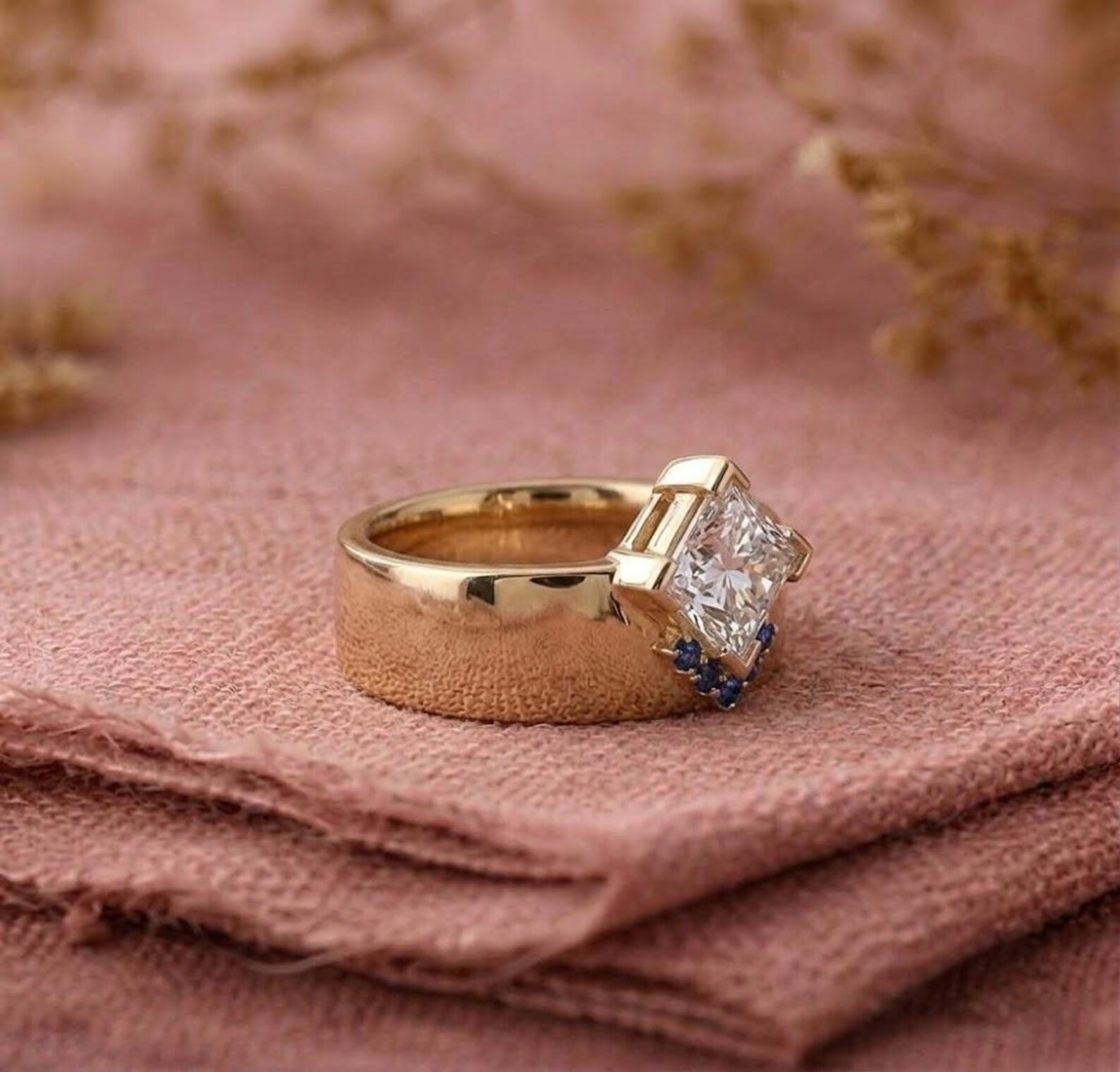 Gold Solitaire Ring, Princess Cut Moissanite Engagement Ring, Minimalist Sapphire Ring, Moissanite Statement Ring, Anniversary Gift for Her
