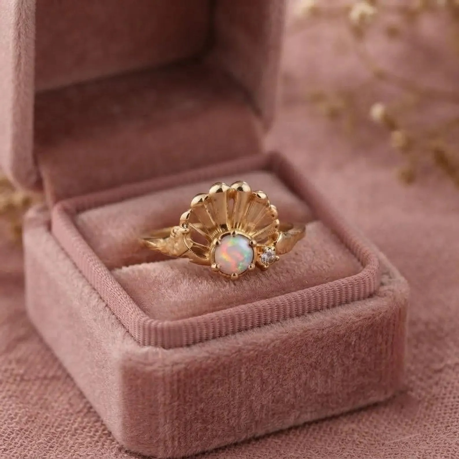 Opal Sunburst Ring, Gold Opal Ring, Celestial Engagement Ring, Vintage Inspired Opal Jewelry, Dainty Gold Ring, October Birthstone Ring