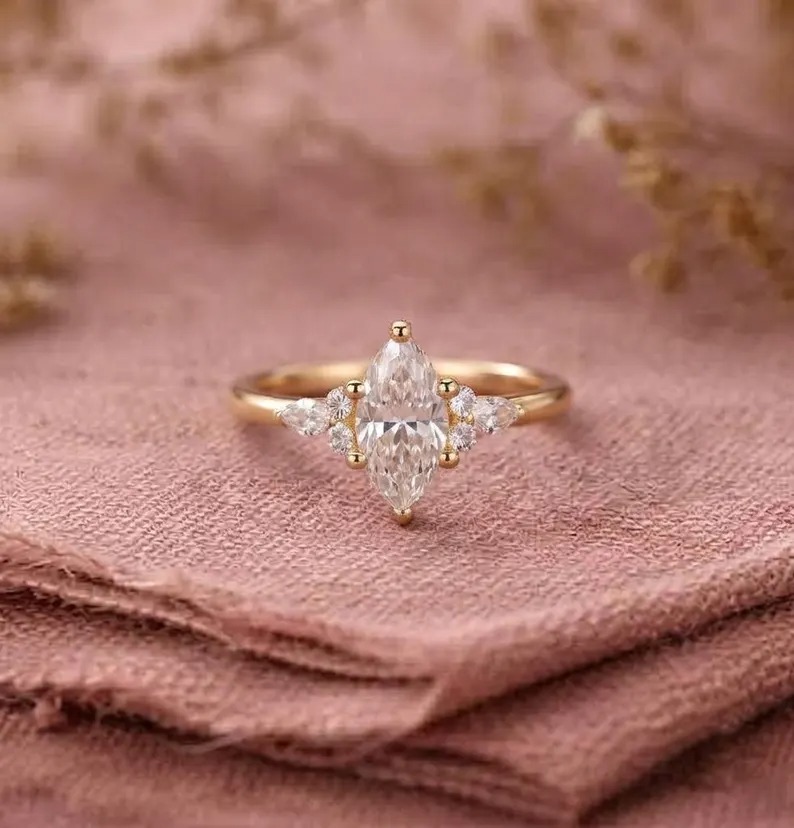 Vintage Marquise Cut Moissanite Engagement Ring Women's Diamond Wedding Ring with Side Stone Delicate 14k Solid Gold Diamond Promise Ring