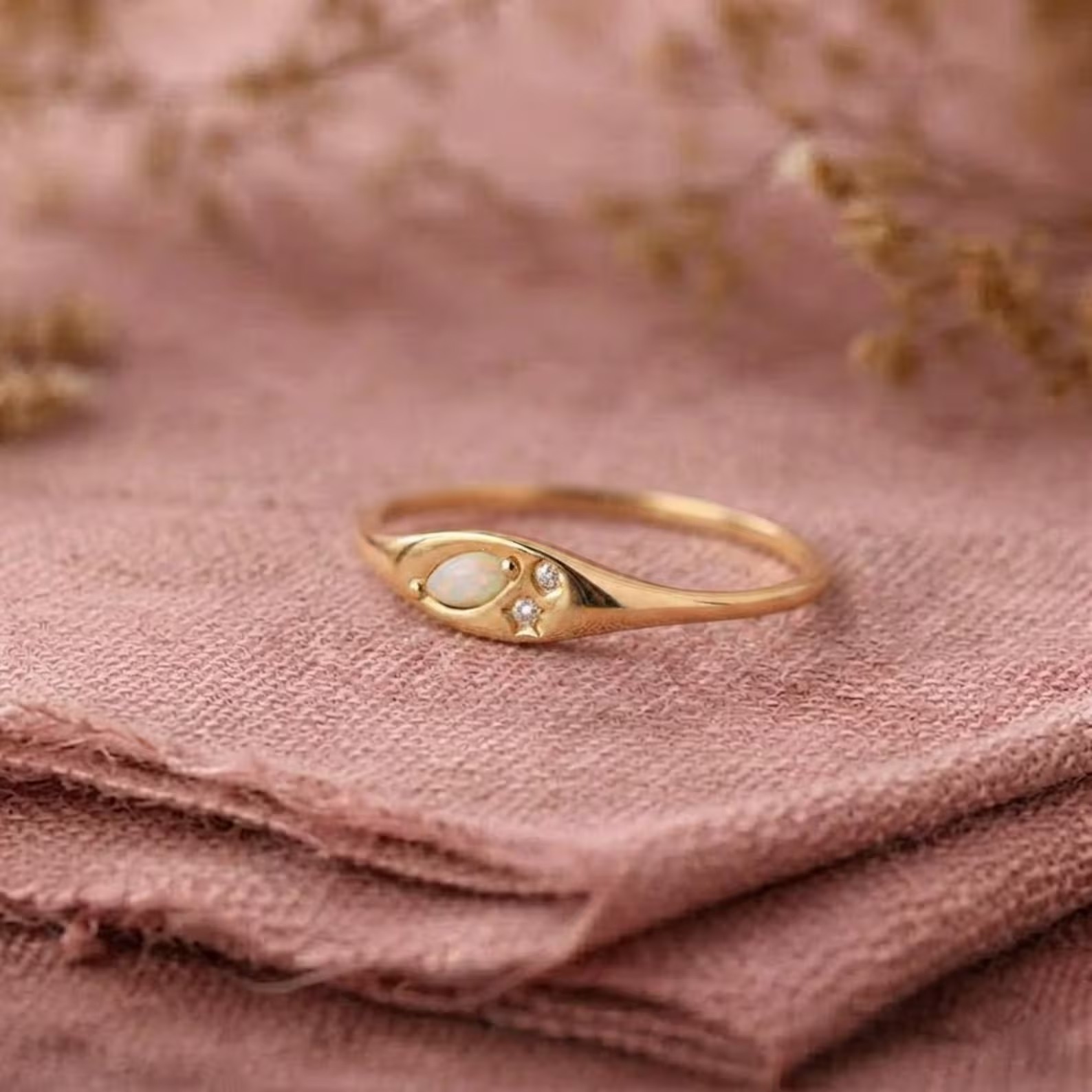 Unique Marquise Natural White Fire Opal Wedding Band, Solid Gold Signet Ring, Stacking Matching Diamond Band, Anniversary Ring Gift For Wife