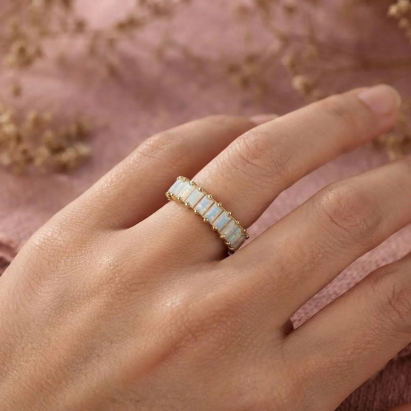 Gold Opal Eternity Ring, Baguette Opal Band, Minimalist Wedding Band, Stackable Promise Ring, Anniversary Gift For Her, Half Eternity Band
