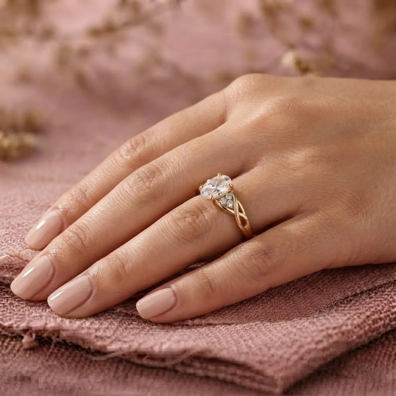 14k Solid Gold Oval Moissanite Engagement Ring, Twist Vine Solitaire Ring, Pave Infinity Moissanite Ring, Unique Leaf Style Bridal Ring