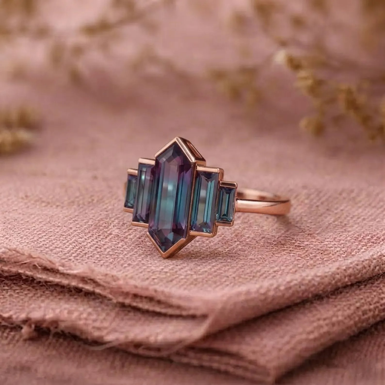 Unique Hexagon Cut Alexandrite Ring Rose Gold Engagement Ring Baguette Cut Bezel set Ring Art Deco Bridal Wedding Anniversary Gift for Her