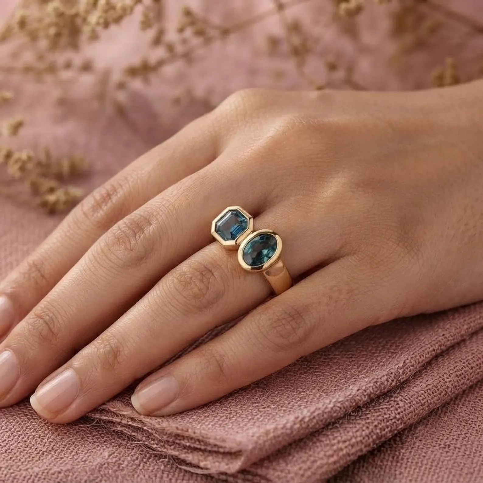 Teal Sapphire Toi Et Moi Ring, Two Stone Sapphire Ring, Teal Green Sapphire Engagement Ring, Gold Couple Ring, Unique Bridal Love Jewelry