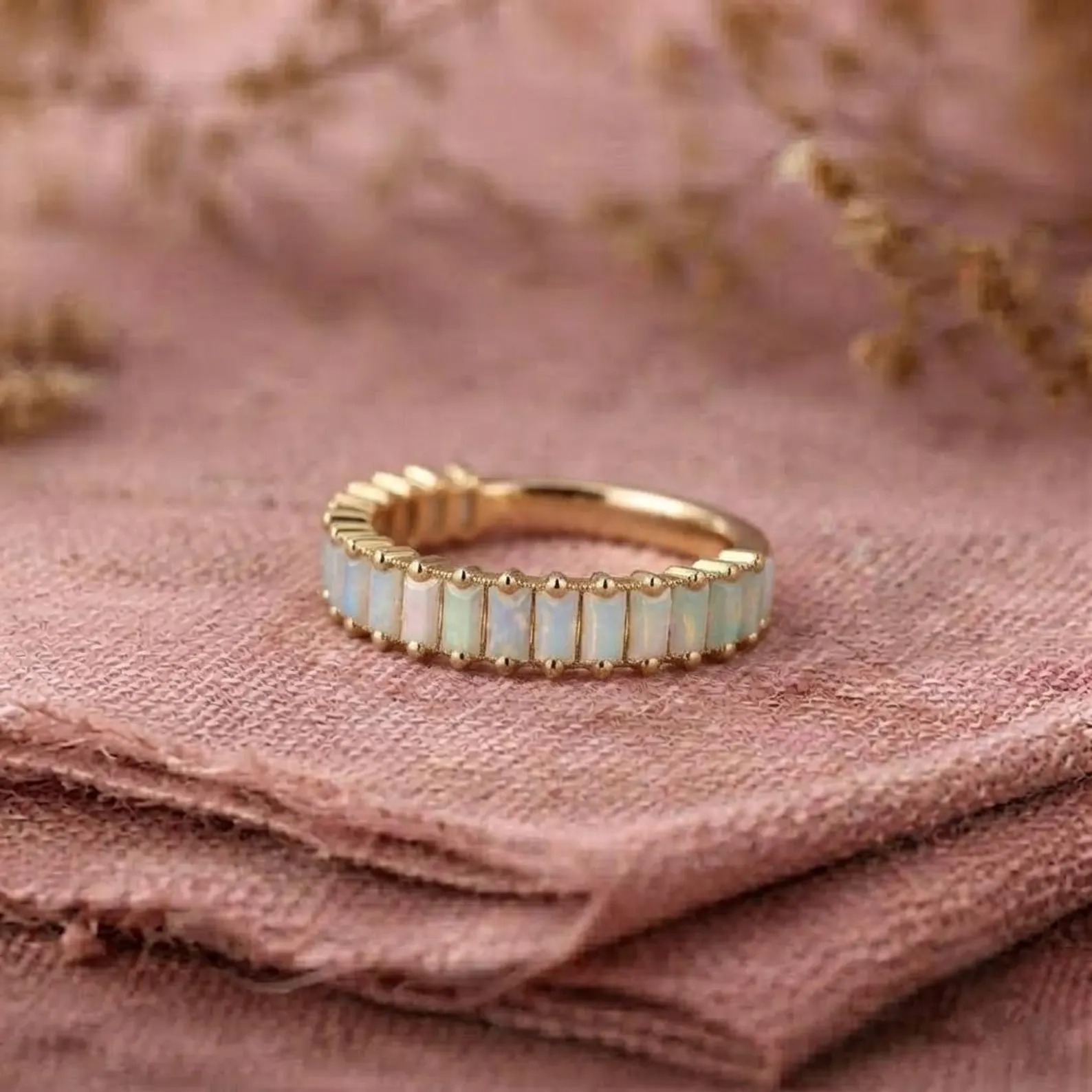 Gold Opal Eternity Ring, Baguette Opal Band, Minimalist Wedding Band, Stackable Promise Ring, Anniversary Gift For Her, Half Eternity Band