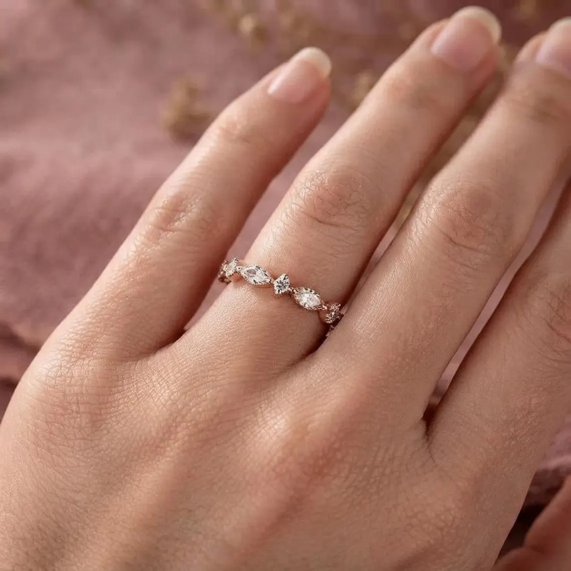 Silver Marquise Moissanite Wedding Band, Leaf Design Eternity Ring, Stackable Bridal Band, Anniversary Gift For Her, Bridal Promise Band