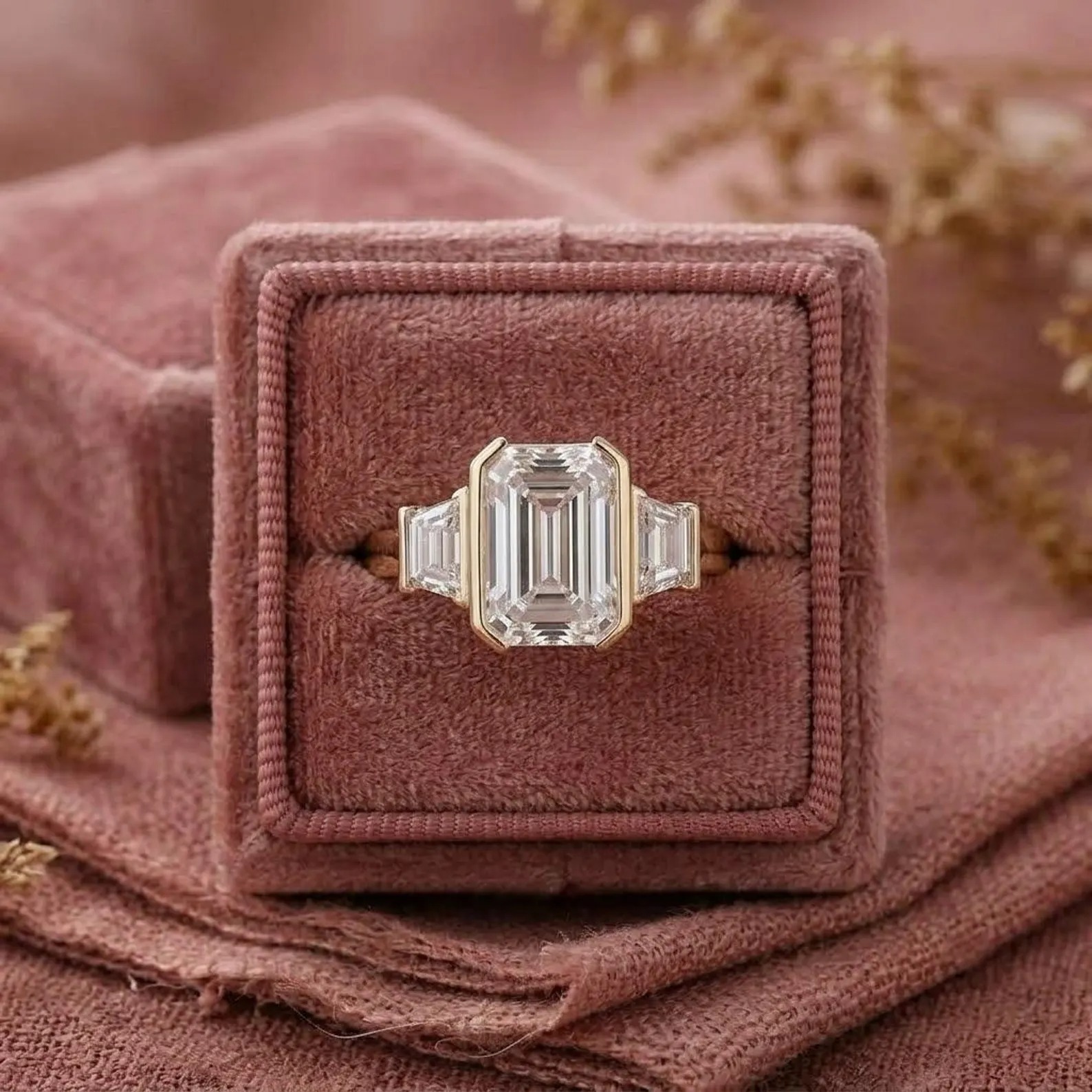 2 CT Emerald Cut Moissanite Engagement Ring, Three Stone Wedding Ring, Half Bezel Setting, Baguette Cut Side Tapper Ring, Anniversary Gift