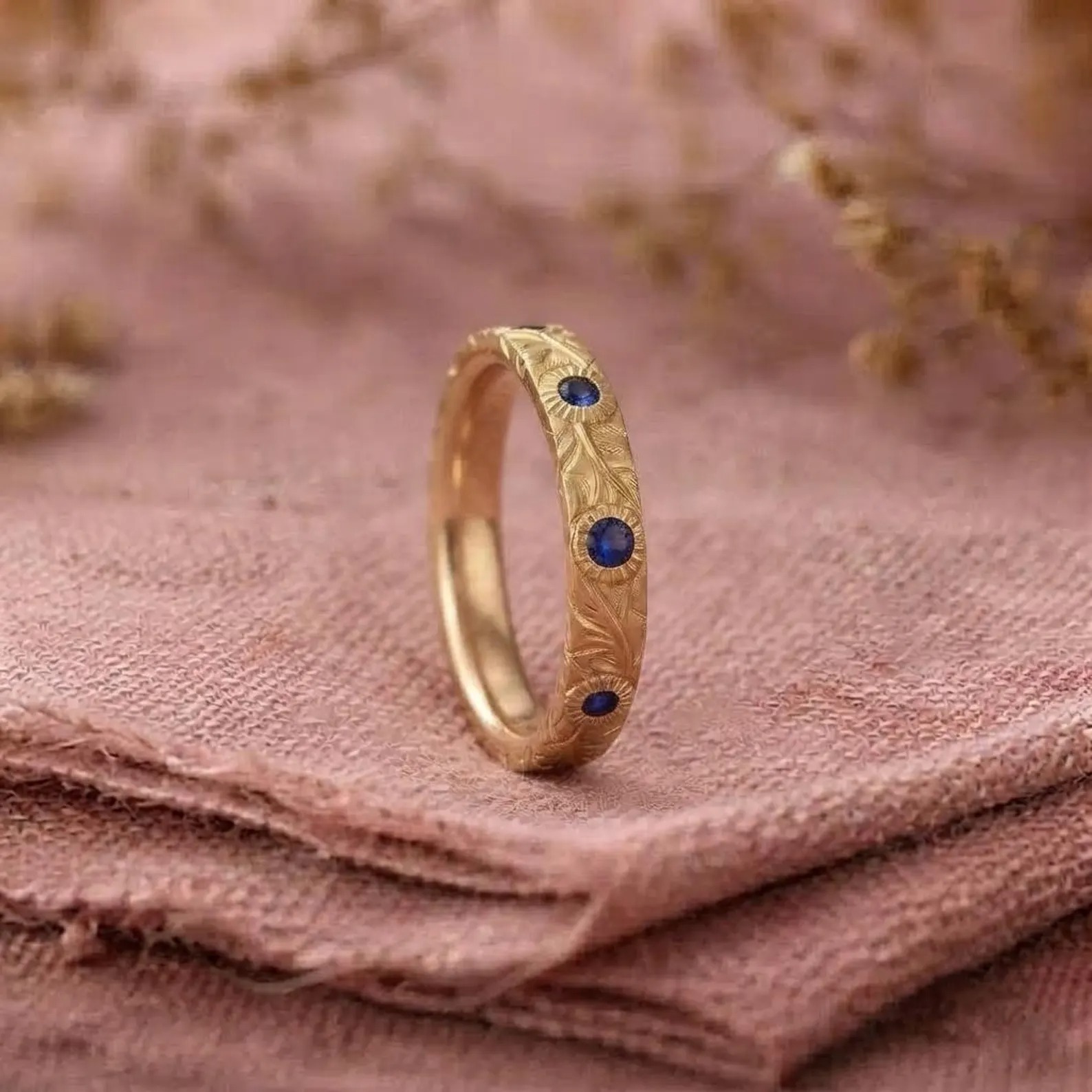 Blue Sapphire Wedding Band, Engraved Gold Band, Nature Inspired Stacking Ring, Leaf Vine Ring, September Birthstone Jewelry, Gift For Women