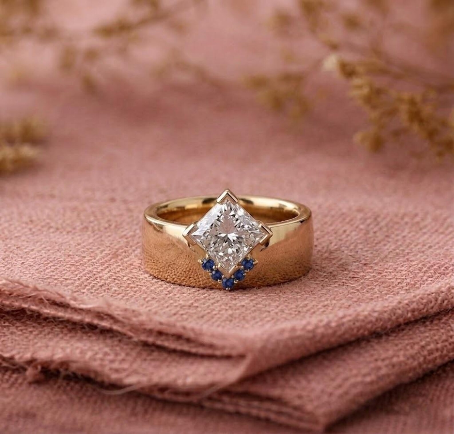 Gold Solitaire Ring, Princess Cut Moissanite Engagement Ring, Minimalist Sapphire Ring, Moissanite Statement Ring, Anniversary Gift for Her