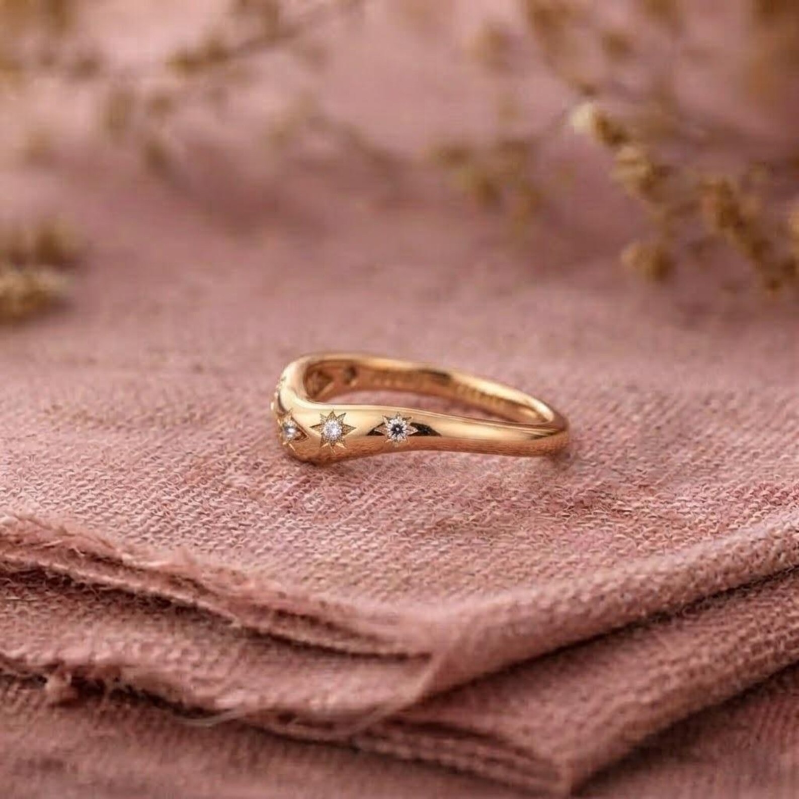 14K Gold Celestial Curved Wedding Band, Moissanite Starburst Curved Band, Half Eternity Celestial Ring For Women, Curved Diamond Star Ring