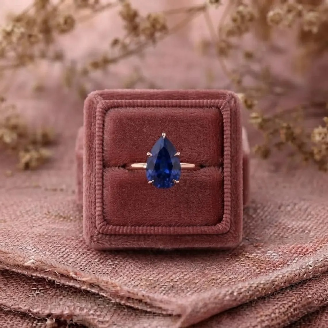 Pear Shaped Sapphire Engagement Ring, September Birthstone Gift, 14K Gold Plated Promise Ring, Blue Gemstone Jewelry, Anniversary Gift Ring