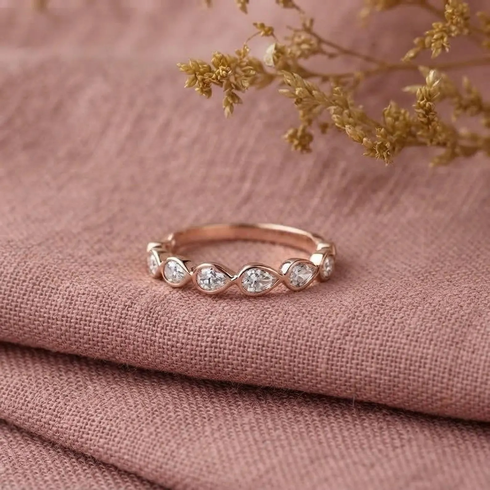 Delicate 1.05 TC Pear Cut Wedding Band Moissanite Matching Band 14k Solid Yellow Gold Shared Prongs Stacking Band Half Eternity Wedding Gift