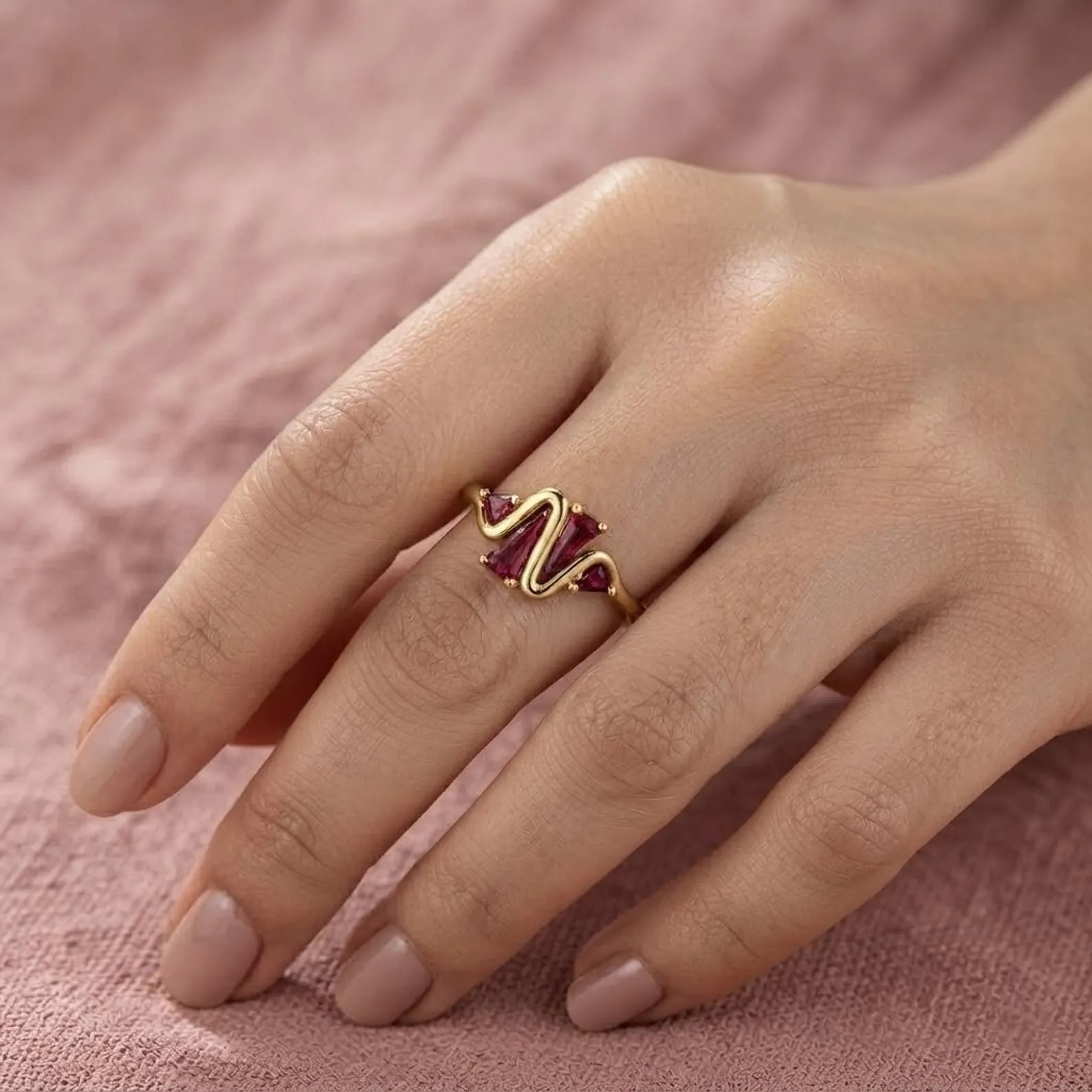 Ruby Trillion Cut Ring, Gold Curved Band, Red Gemstone Ruby Statement Ring, Minimalist Promise Ring, Dainty Women’s Jewelry, Gift for Her