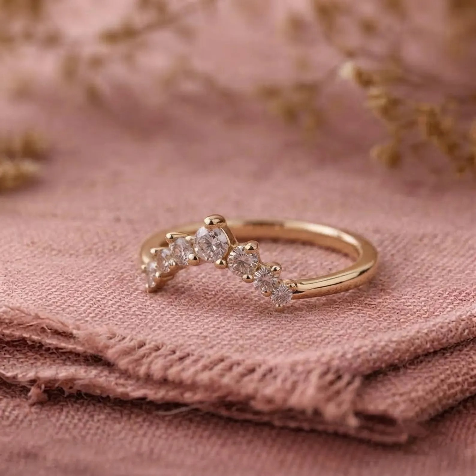 Round Cut Moissanite Curved Wedding Band, Yellow Gold Diamond Cluster Band, U Shape Stacking Matching Band, Bridal Promise Band Gift For Her