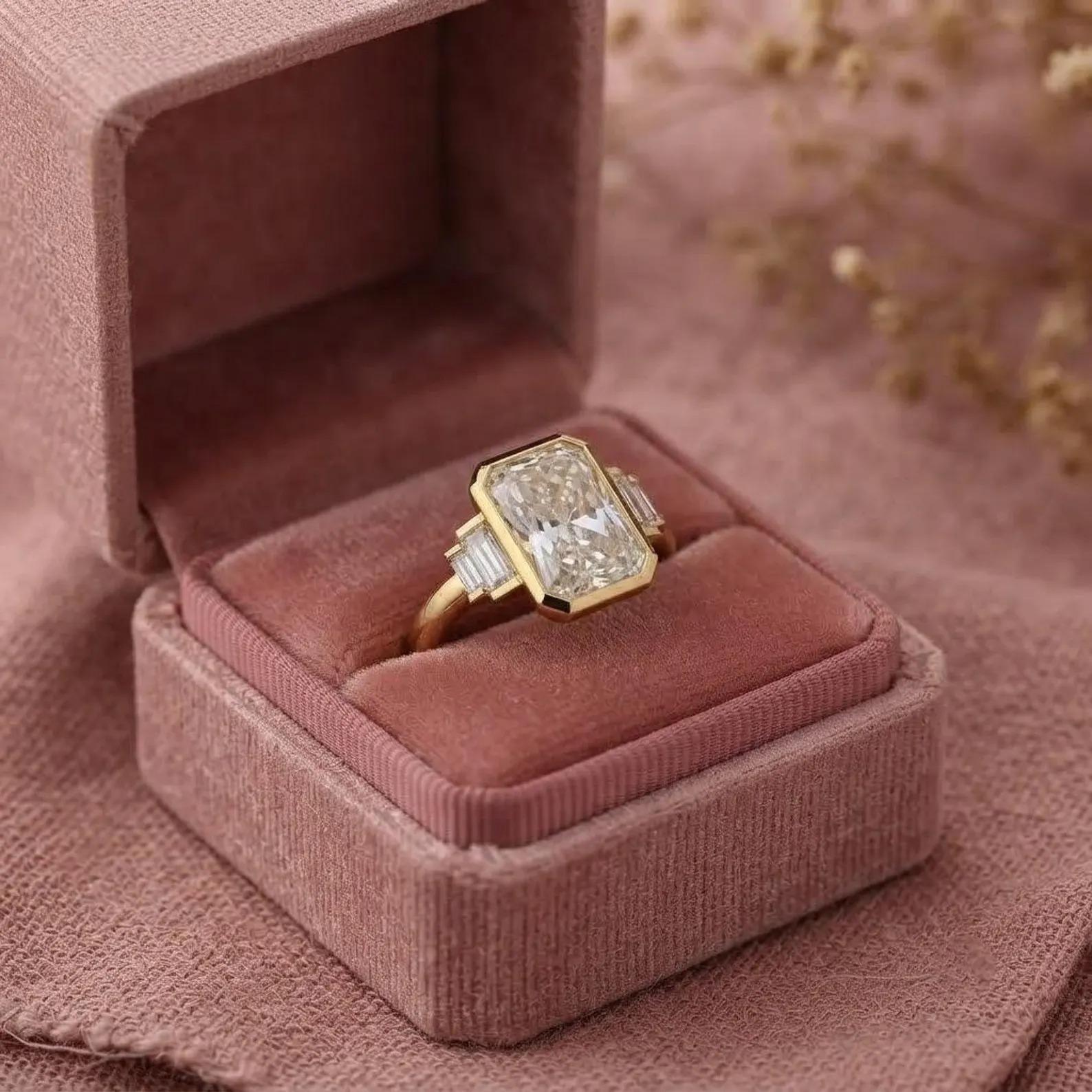 Bezel Set Emerald Cut Moissanite Engagement Ring, Baguette Cut Ring, Moissanite Cluster Ring, Promise Ring for Women, Five Stone Bridal Ring