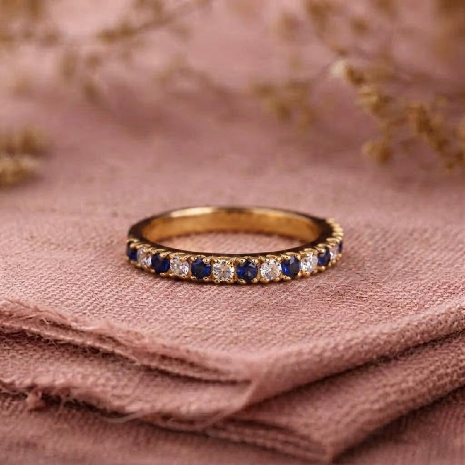 Blue Sapphire Moissanite Wedding Band, White Gold Ring Half Eternity September Birthstone Band, Christmas Gift, Promise Ring, Gift For Her