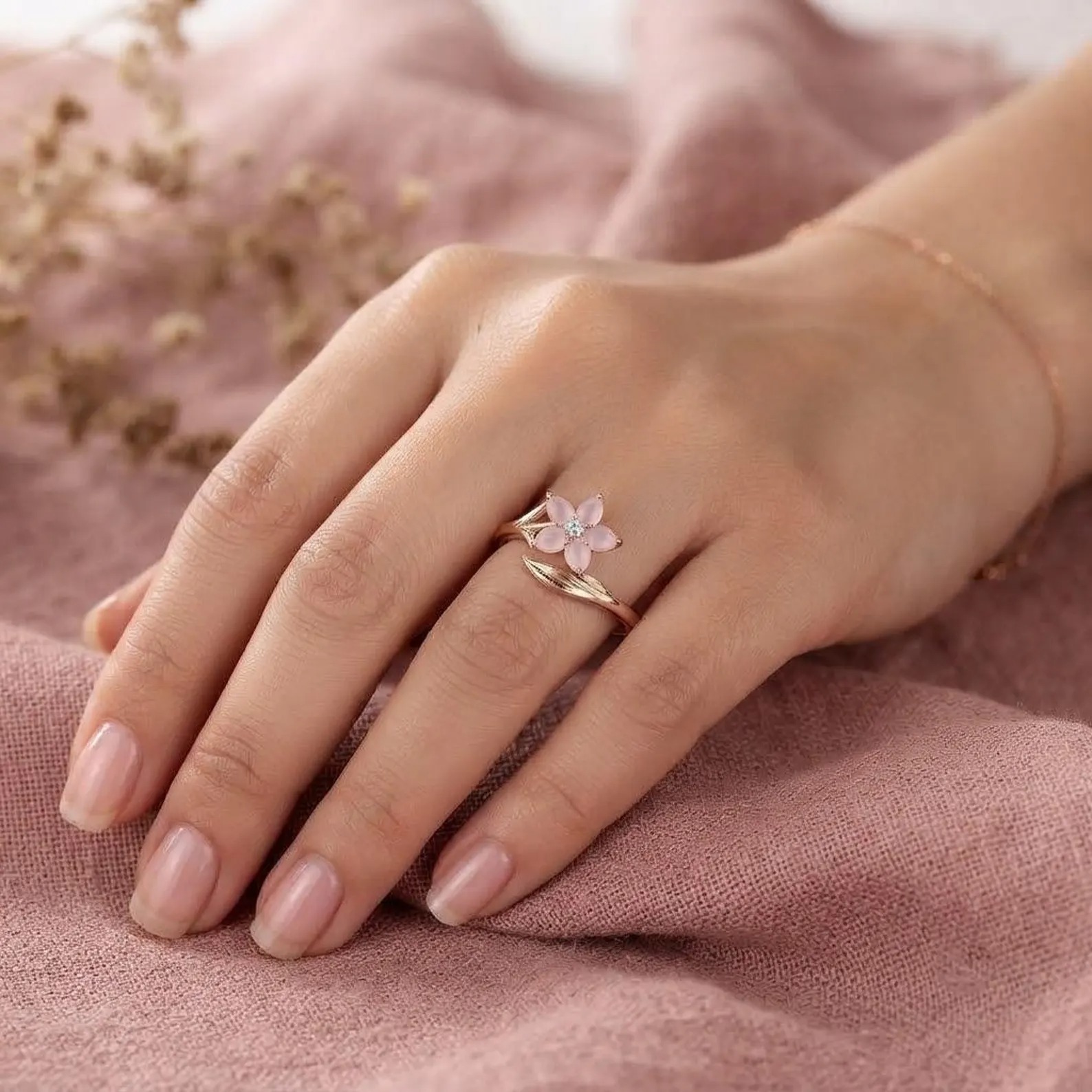 Cherry Blossom Rose Quartz Ring, Sakura Flower Engagement Ring, Pink Pear Floral Gold Ring, Nature Inspired Promise Ring, Bridal Jewelry
