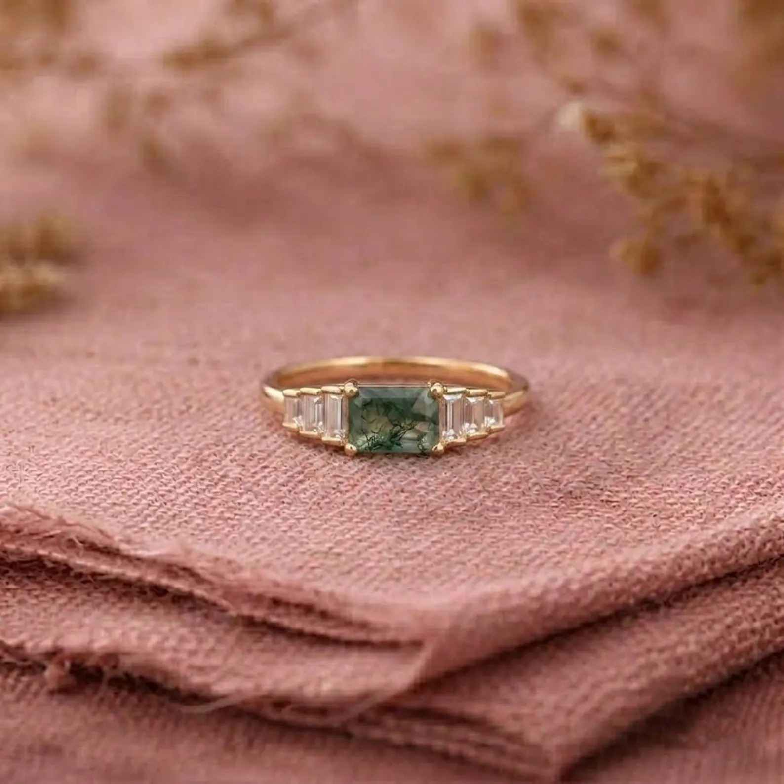 Vintage Baguette Cut Moss Agate Ring, Natural Agate Engagement Ring, Diamond Cluster Ring, Unique Christmas Ring, Personalized Custom Gifts